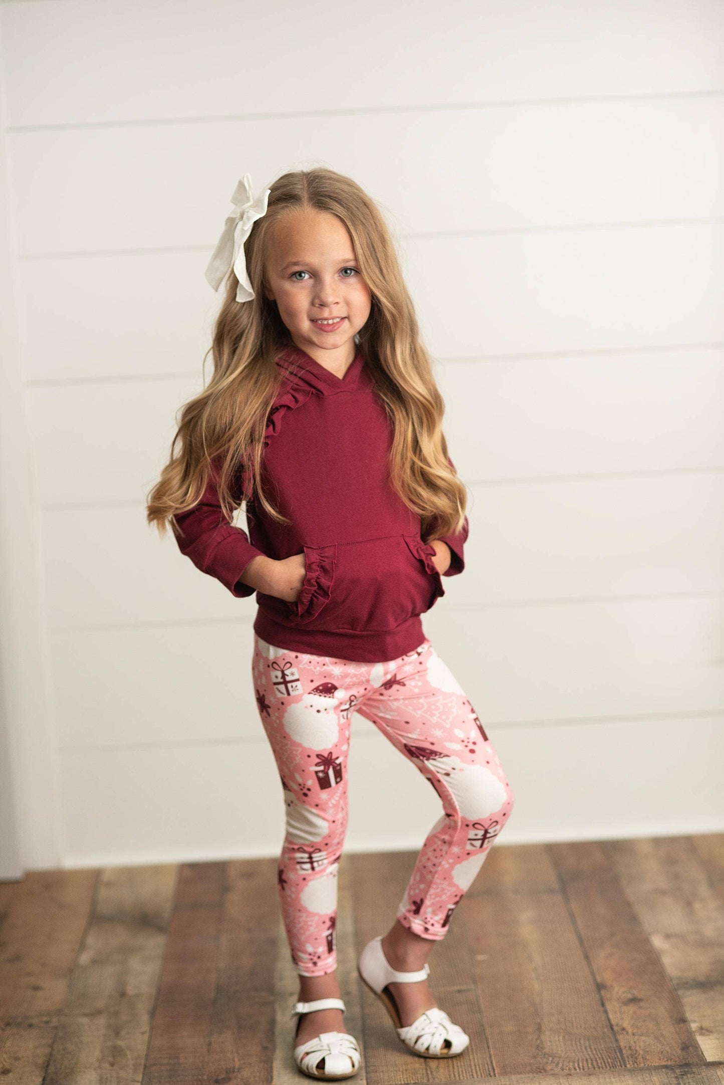 Adorable Sweetness - Kids Pink Santa Pocket Ruffle Hoodie Shirt and Leggings Set: 7/8