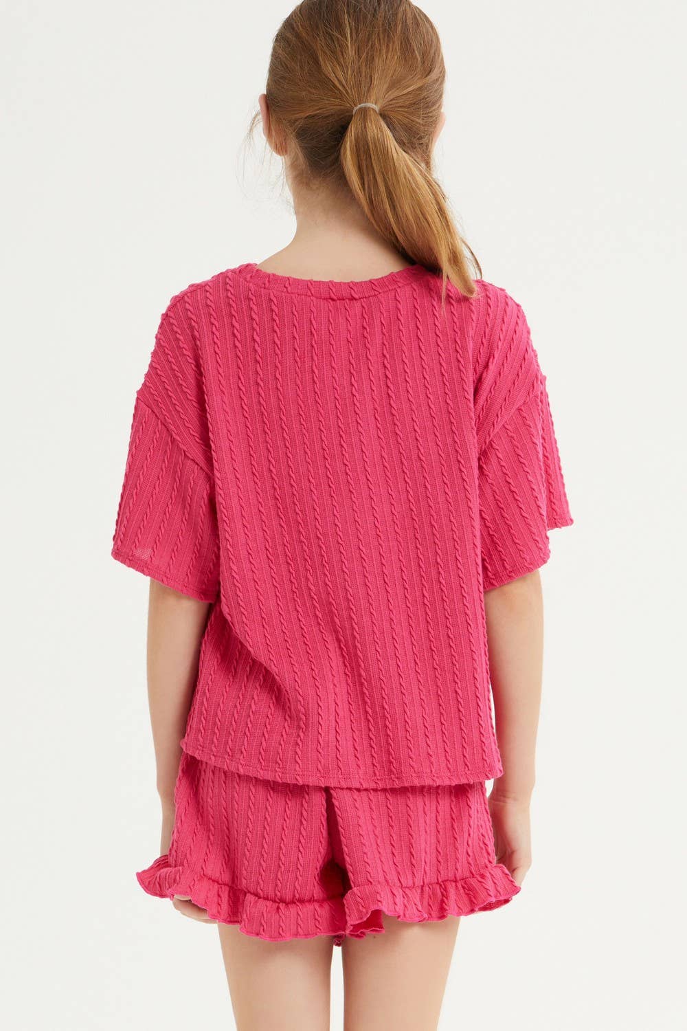 Good Girl - Embossed Ribbed Knit Ruffle Set: Pink / S
