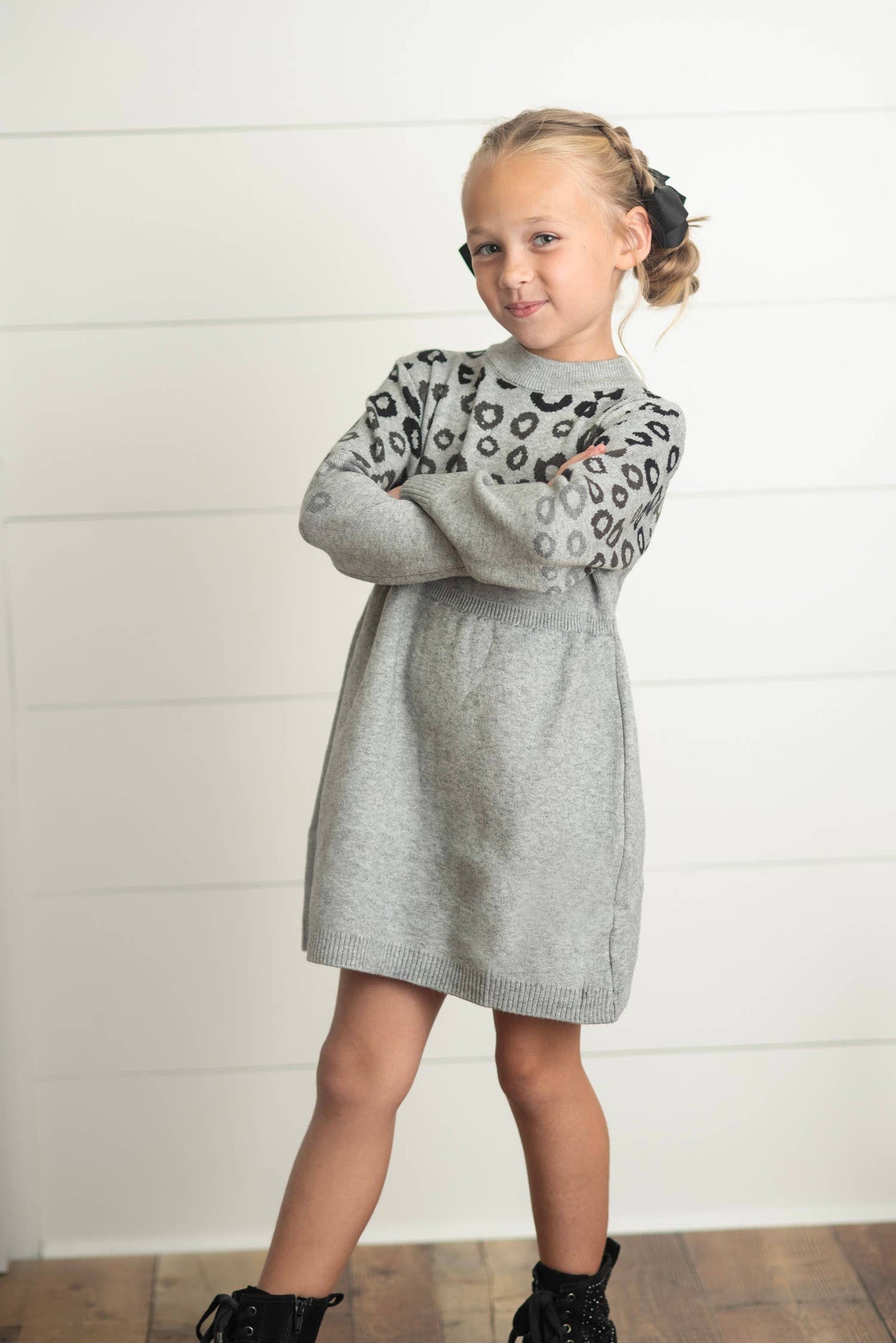 Adorable Sweetness - Kids Gray & Black Leopard Print Long Sleeve Sweater Dress: 5/6
