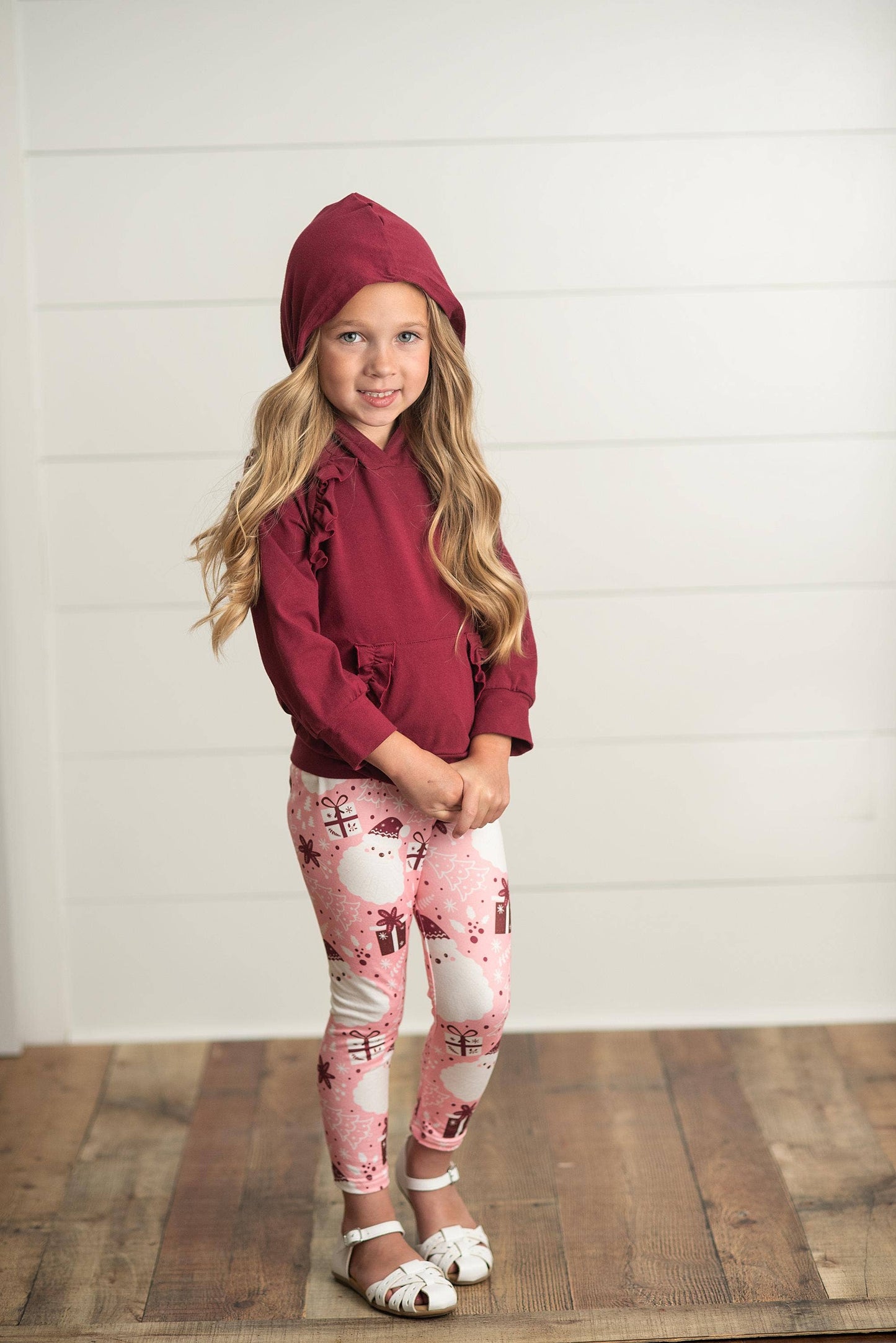 Adorable Sweetness - Kids Pink Santa Pocket Ruffle Hoodie Shirt and Leggings Set: 7/8