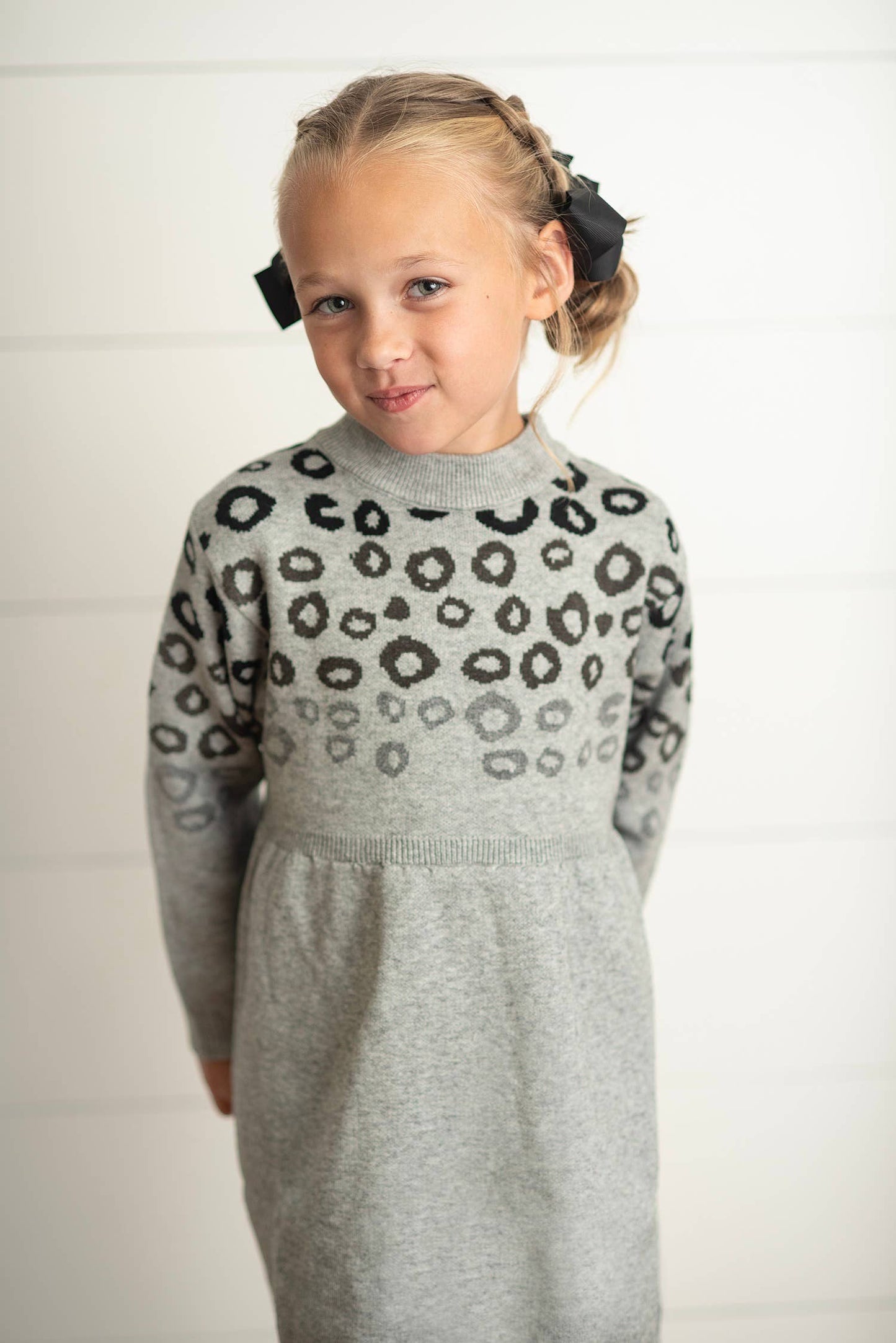 Adorable Sweetness - Kids Gray & Black Leopard Print Long Sleeve Sweater Dress: 5/6