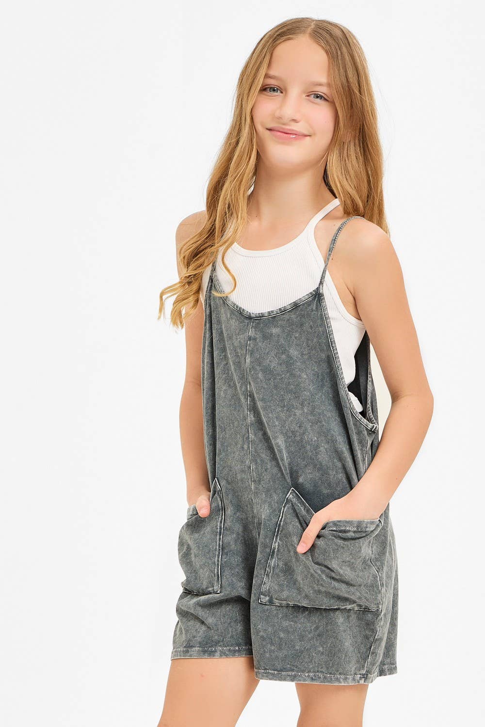 Good Girl - Two Pocket Mineral Wash Overall Romper / Onesie: Denim Blue / XL
