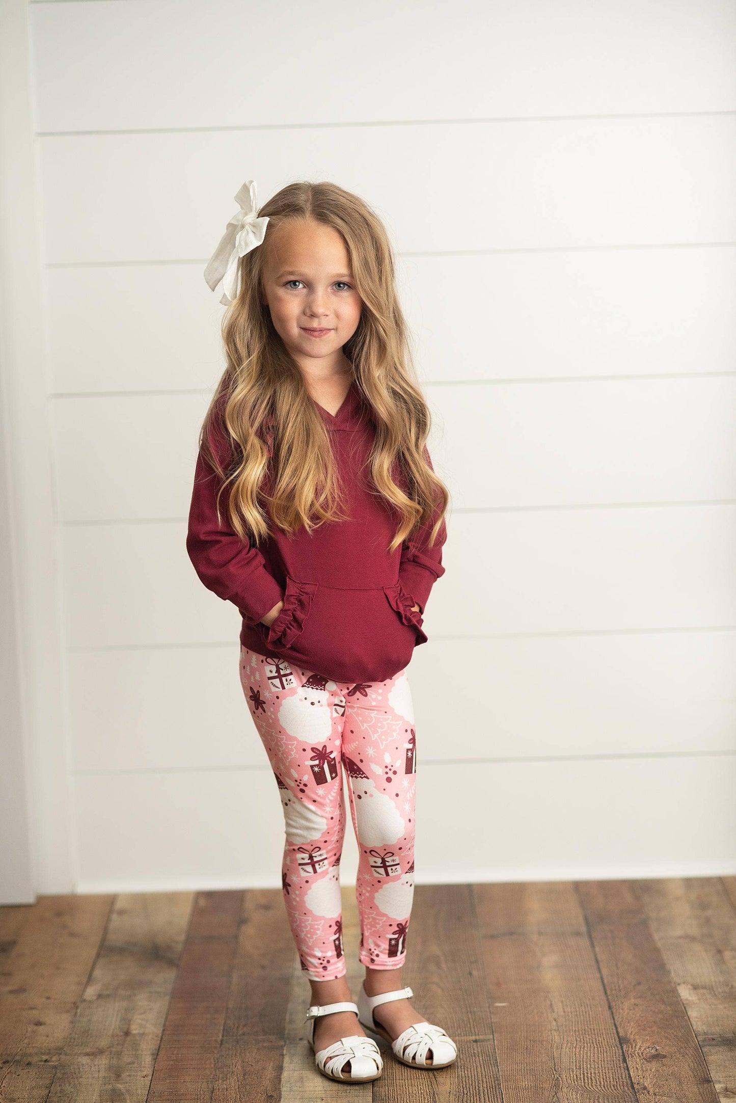 Adorable Sweetness - Kids Pink Santa Pocket Ruffle Hoodie Shirt and Leggings Set: 7/8
