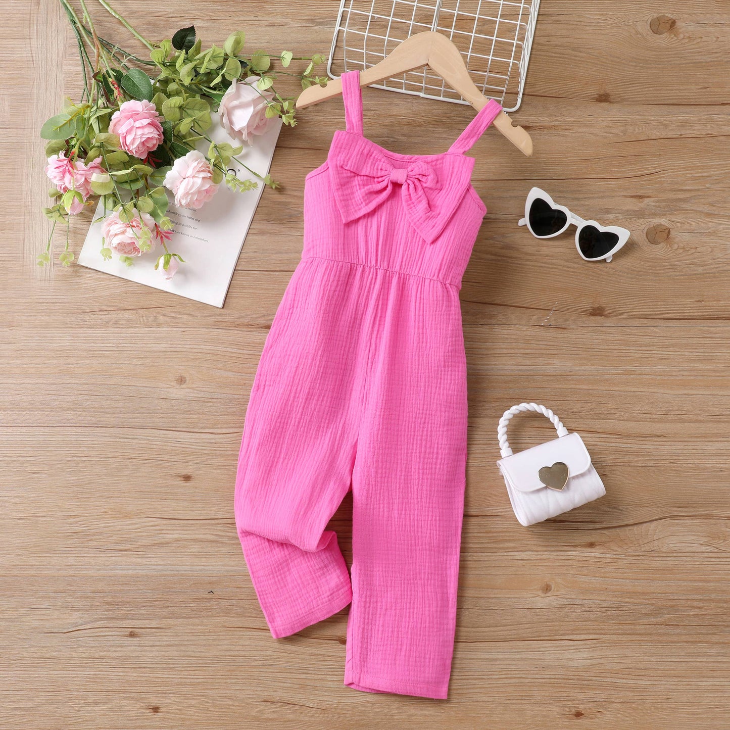 PatPat - Toddler Girls Sweet Hanging Strap Design Pink Cotton Romper: Pink / 7-8 Years