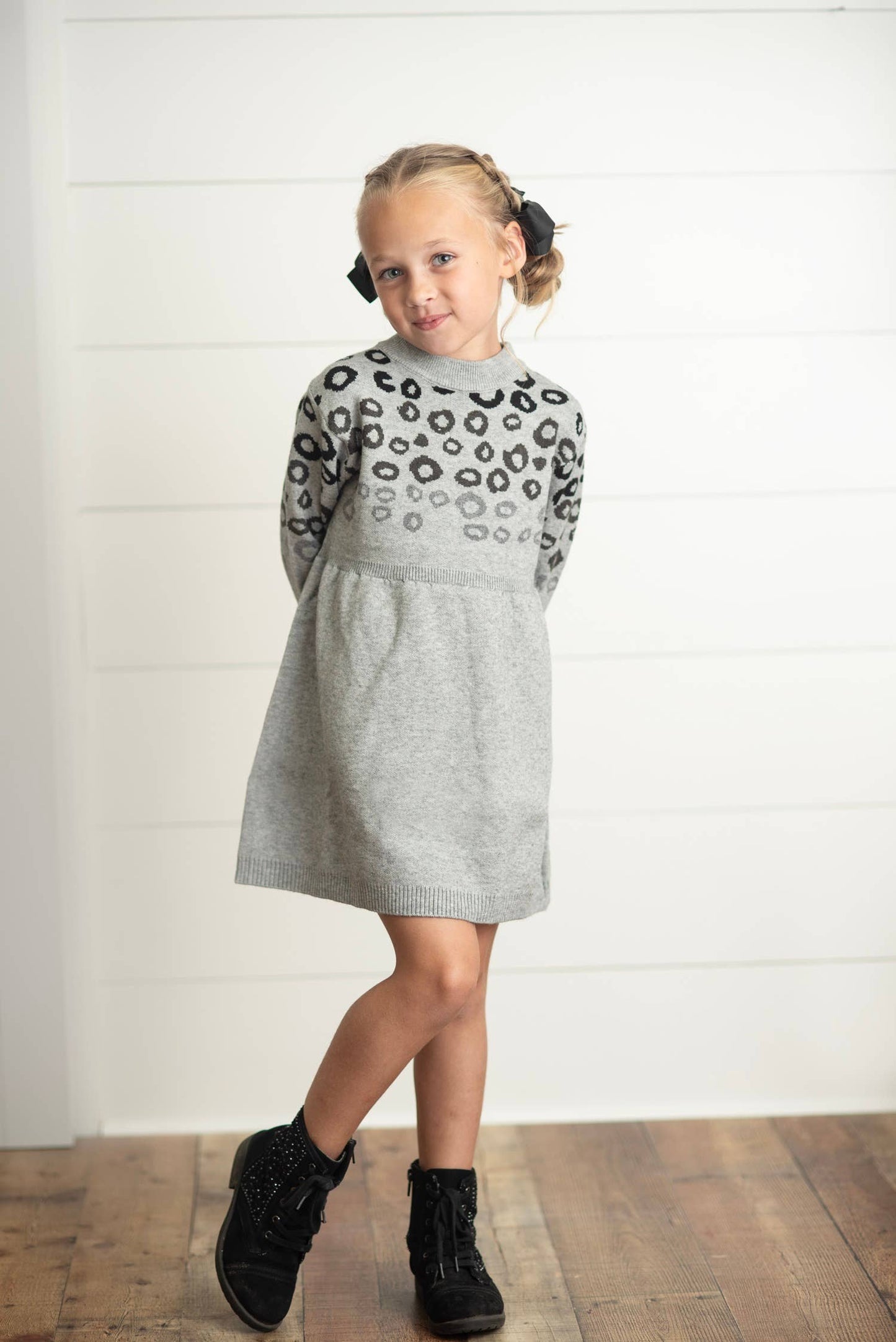 Adorable Sweetness - Kids Gray & Black Leopard Print Long Sleeve Sweater Dress: 10/12