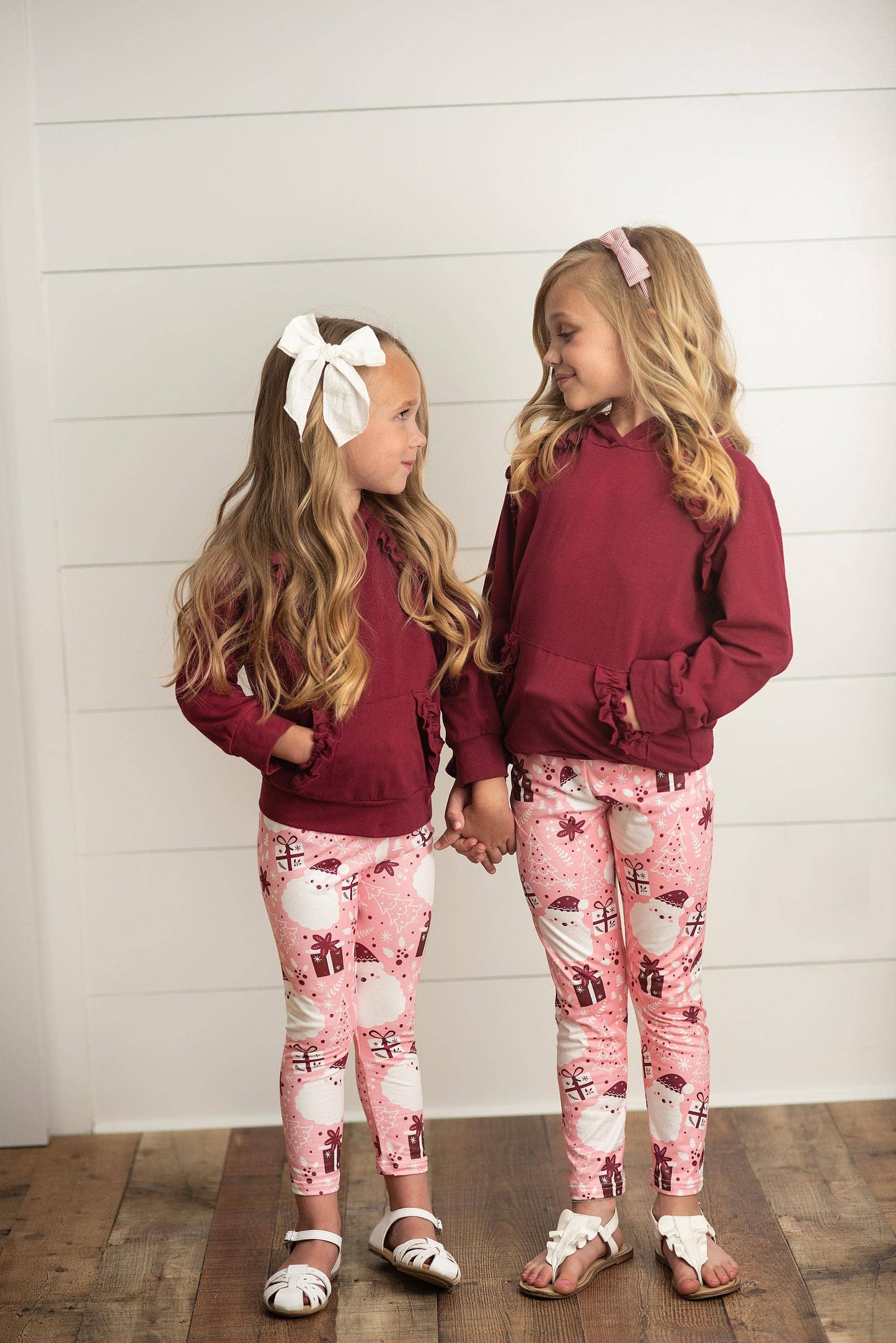 Adorable Sweetness - Kids Pink Santa Pocket Ruffle Hoodie Shirt and Leggings Set: 7/8