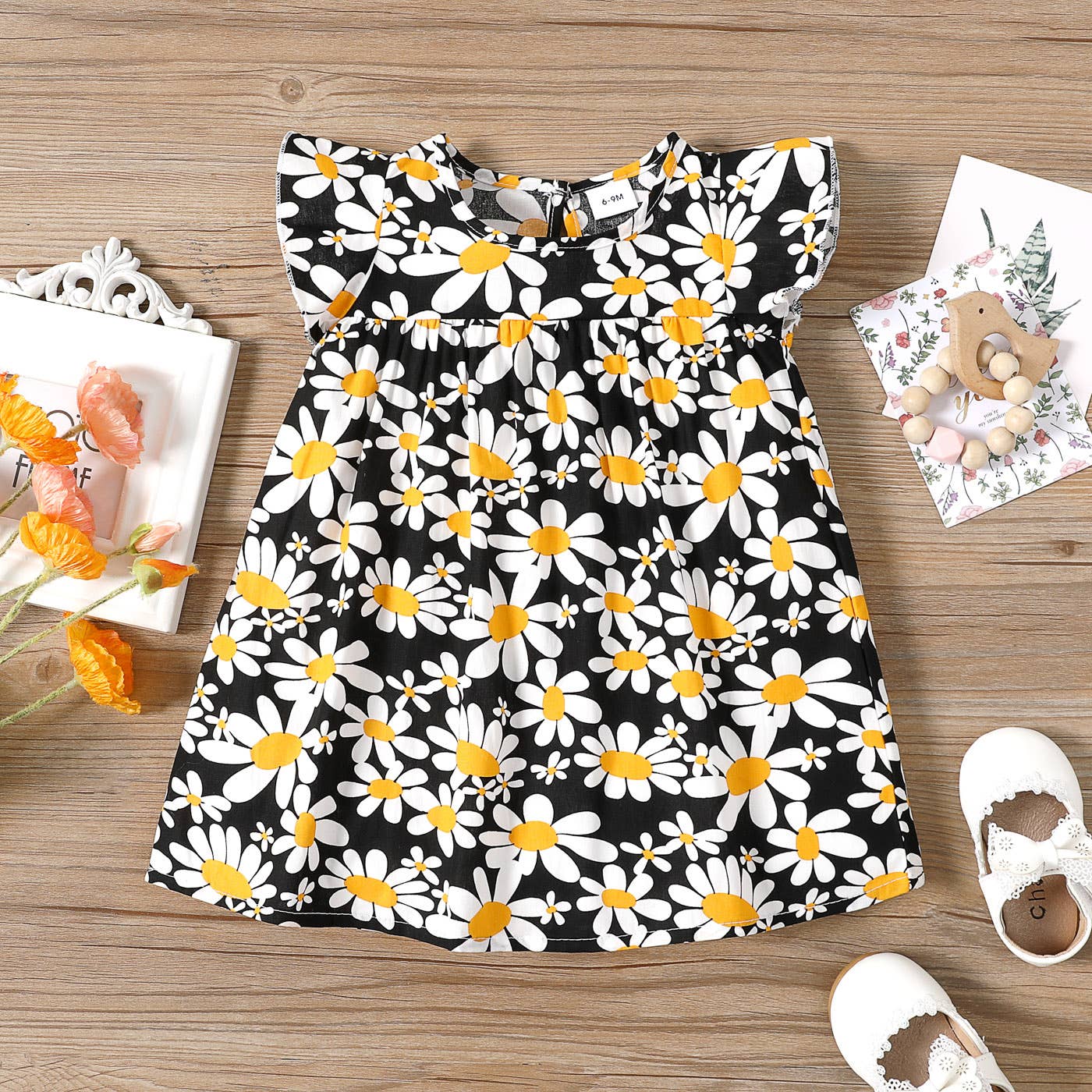 PatPat - 100% Cotton Baby All Over Floral Print Flutter-sleeve Dress: Green / 18-24 Months