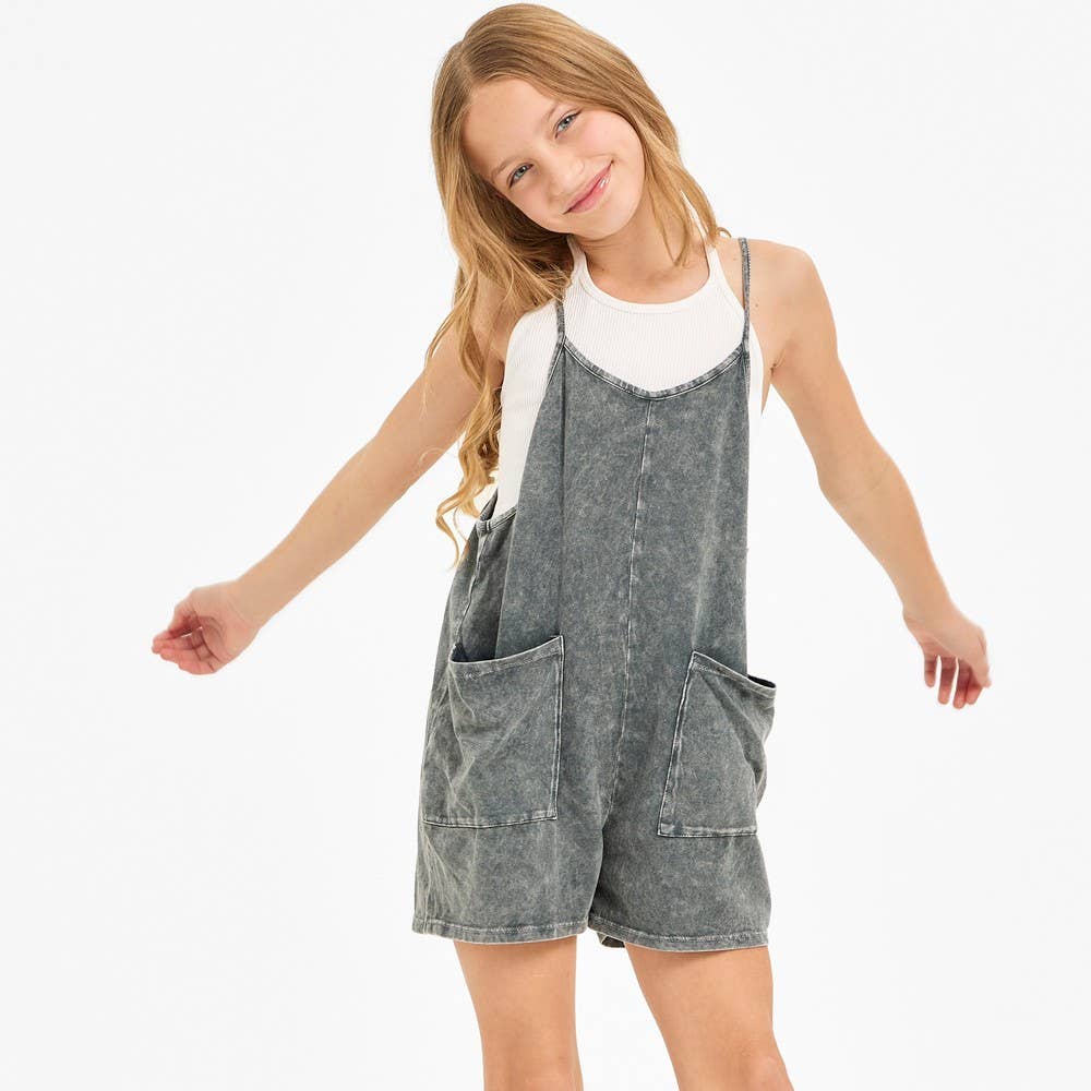Good Girl - Two Pocket Mineral Wash Overall Romper / Onesie: Denim Blue / S