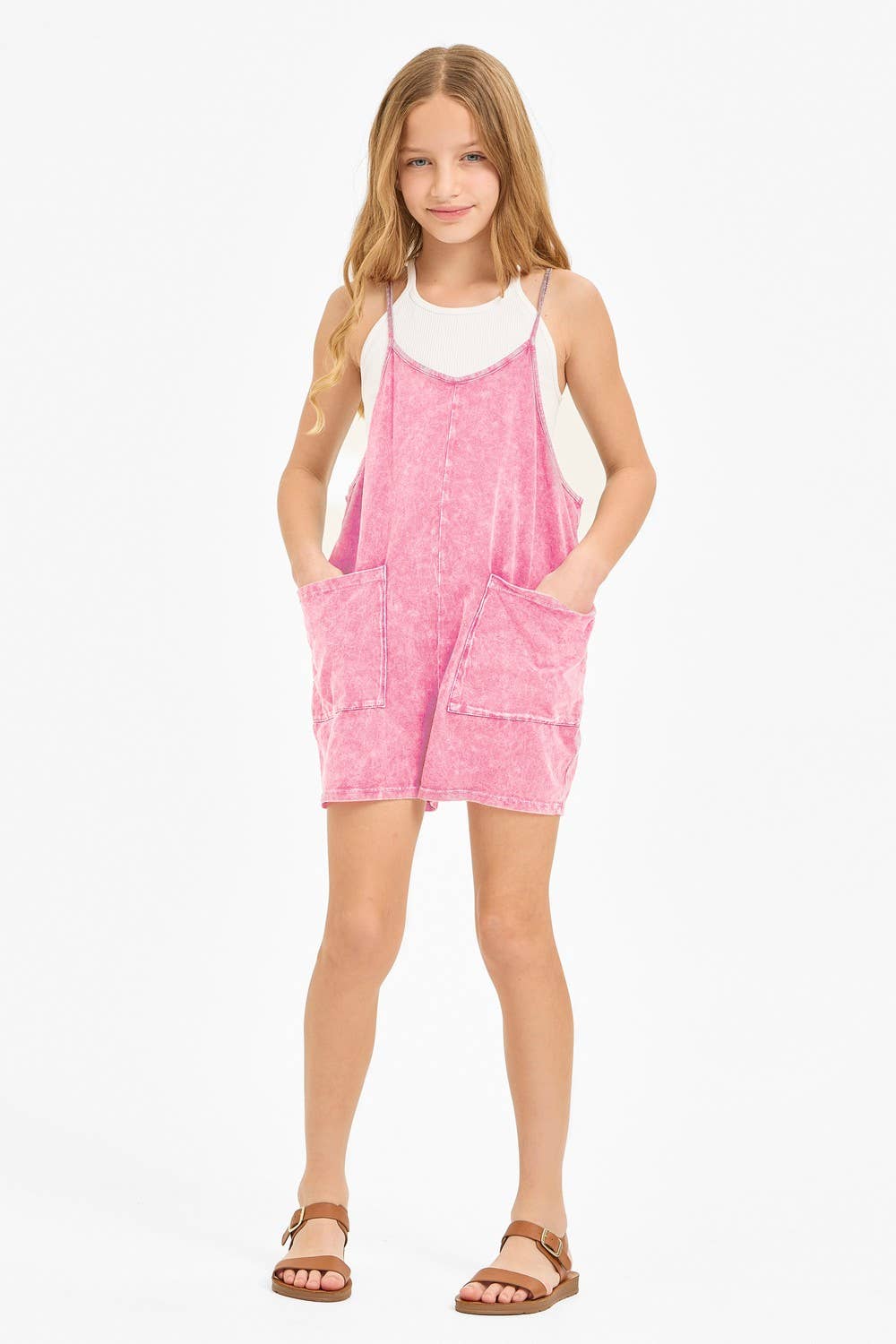 Good Girl - Two Pocket Mineral Wash Overall Romper / Onesie: Denim Blue / L