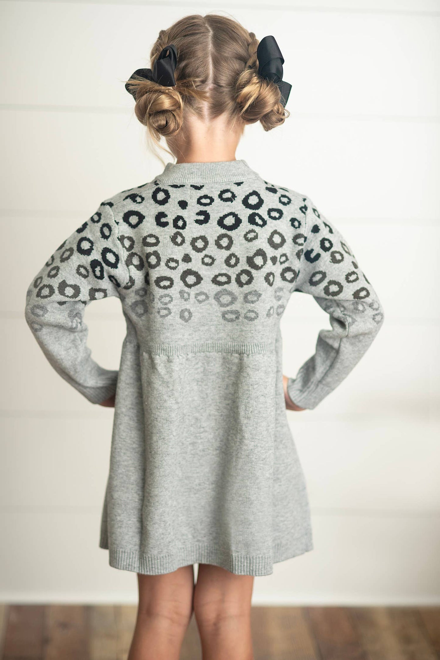 Adorable Sweetness - Kids Gray & Black Leopard Print Long Sleeve Sweater Dress: 7/8