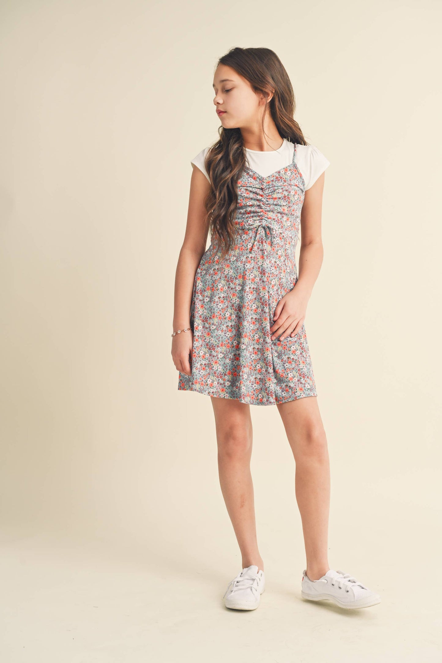 heart and arrow - KIDS FLORAL CINCHED FRONT FAUX 2PC DRESS KD2079GR (7-12): 7