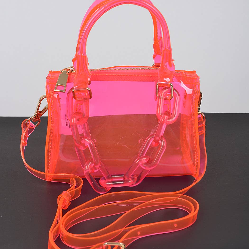 3AM BY H&D ACCESSORIES - Transparent Mini Duffle Bag W/Acrylic Chain: Neon Pink