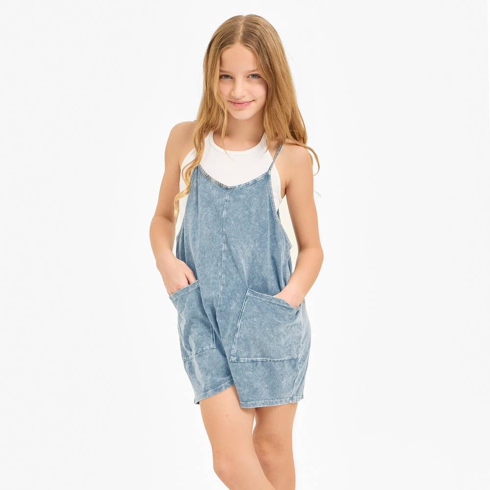 Good Girl - Two Pocket Mineral Wash Overall Romper / Onesie: Denim Blue / S