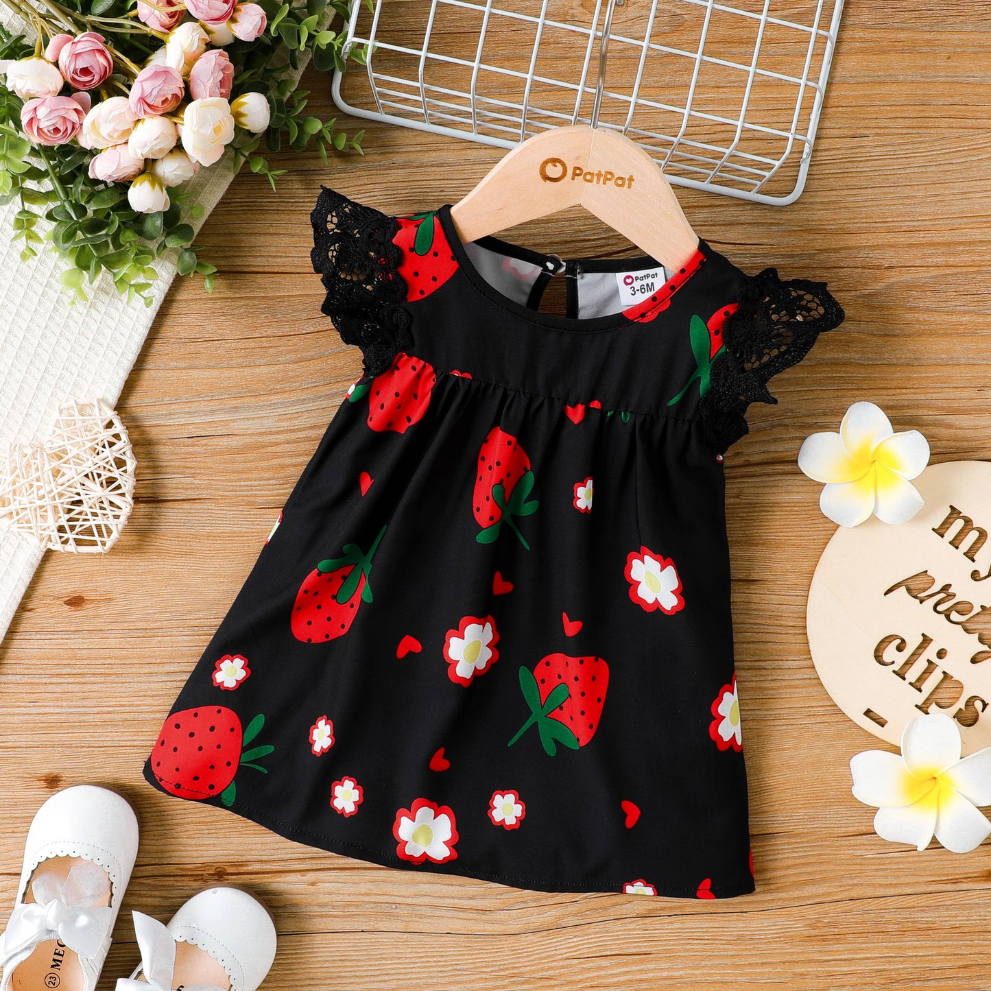PatPat - Sweet Strawberry Lace Dress for Baby Girls: Pink / 6-9 Months