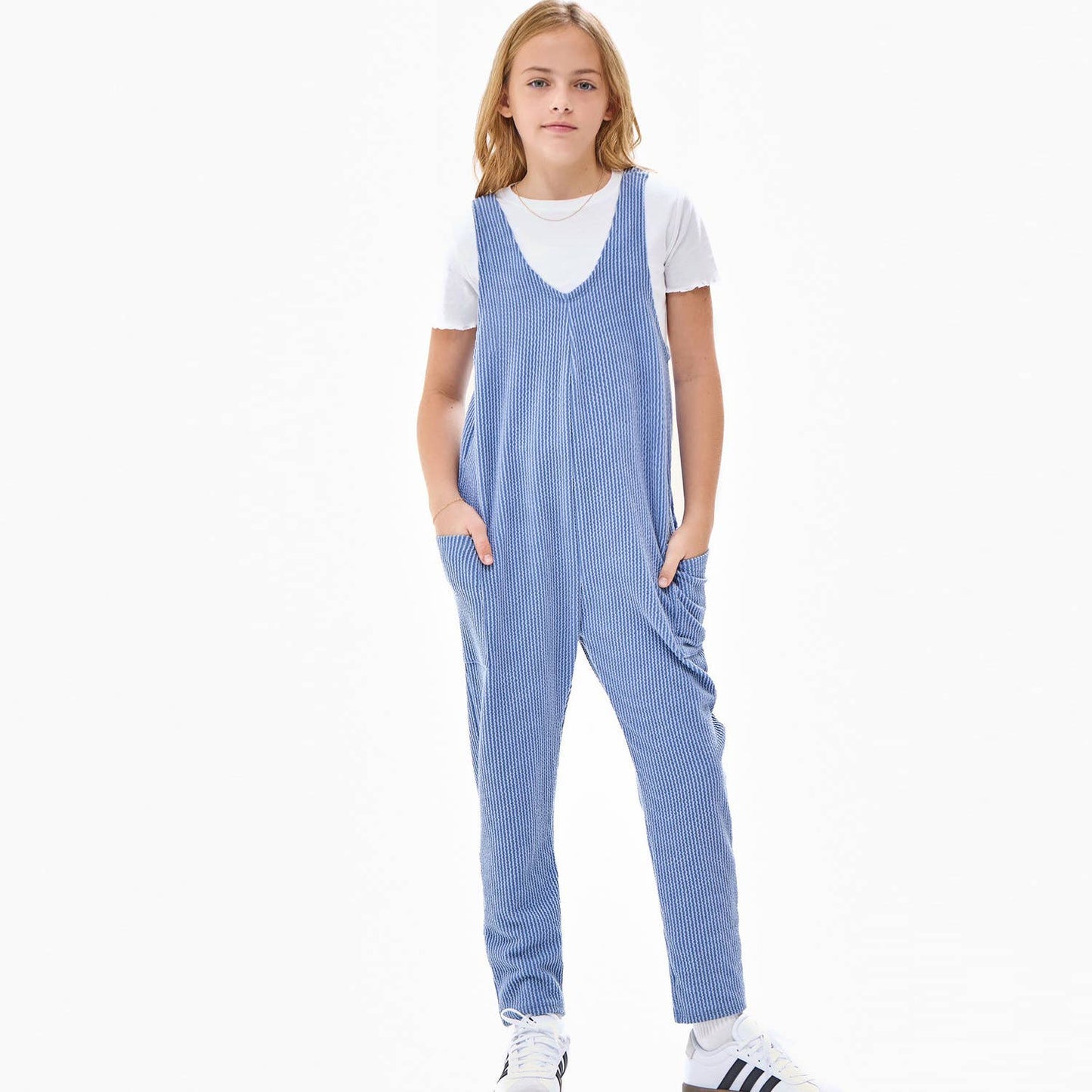 Good Girl - Embossed Rib Sleeveless Jumpsuit /Overall /Onesie: Blue / XL