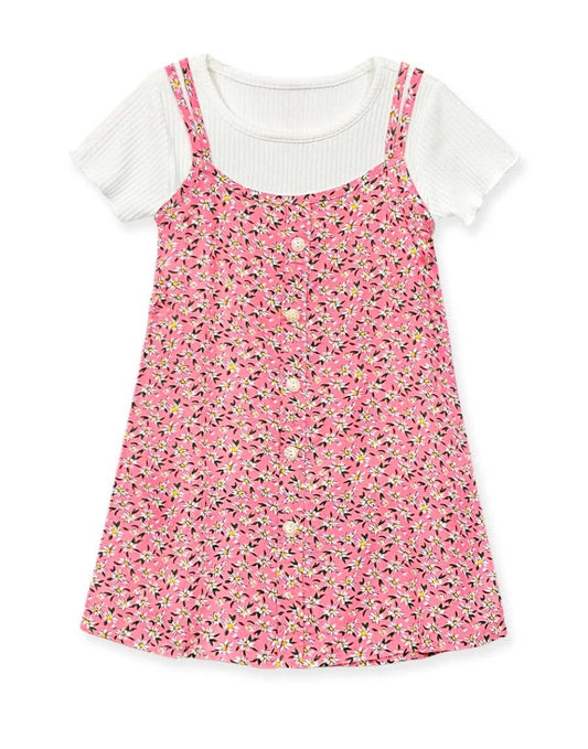 Cutie Patootie Clothing - GKSS-3305B-Q304 Girl's 2 pcs Floral Dress & Ribbed Tee Set: Pink Mix Floral / S6/7