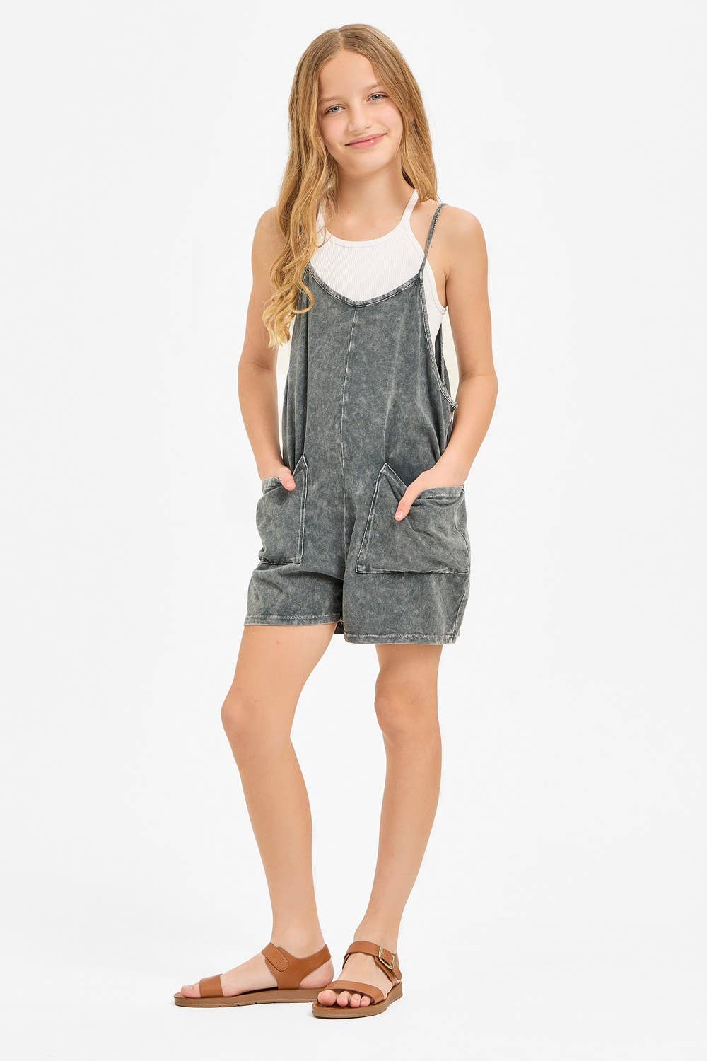 Good Girl - Two Pocket Mineral Wash Overall Romper / Onesie: Denim Blue / XL