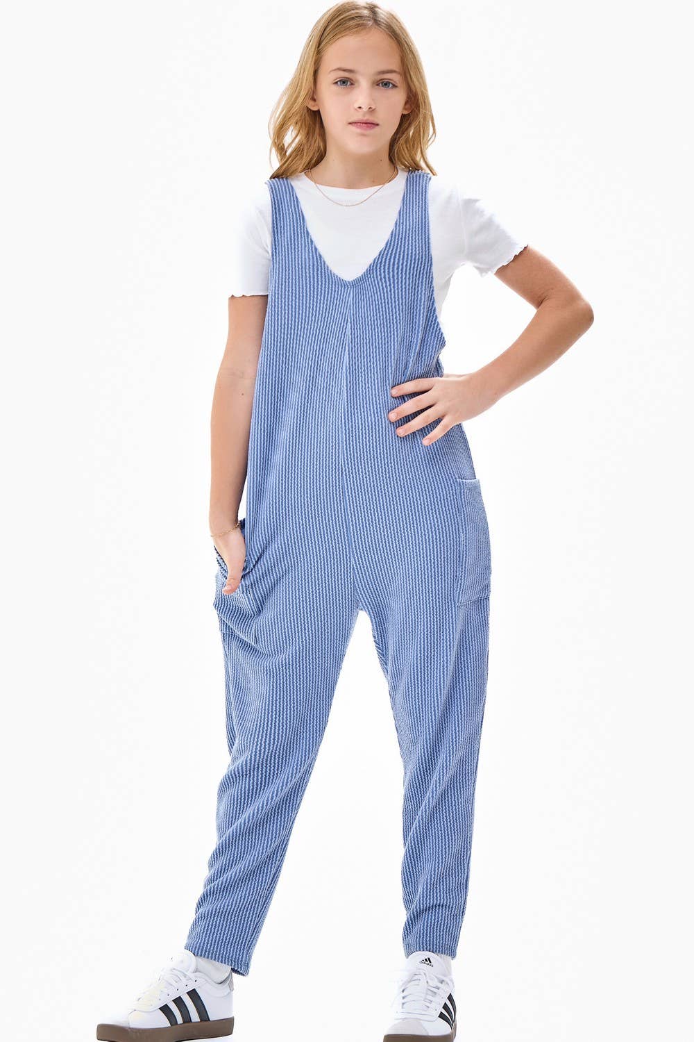 Good Girl - Embossed Rib Sleeveless Jumpsuit /Overall /Onesie: Blue / XL