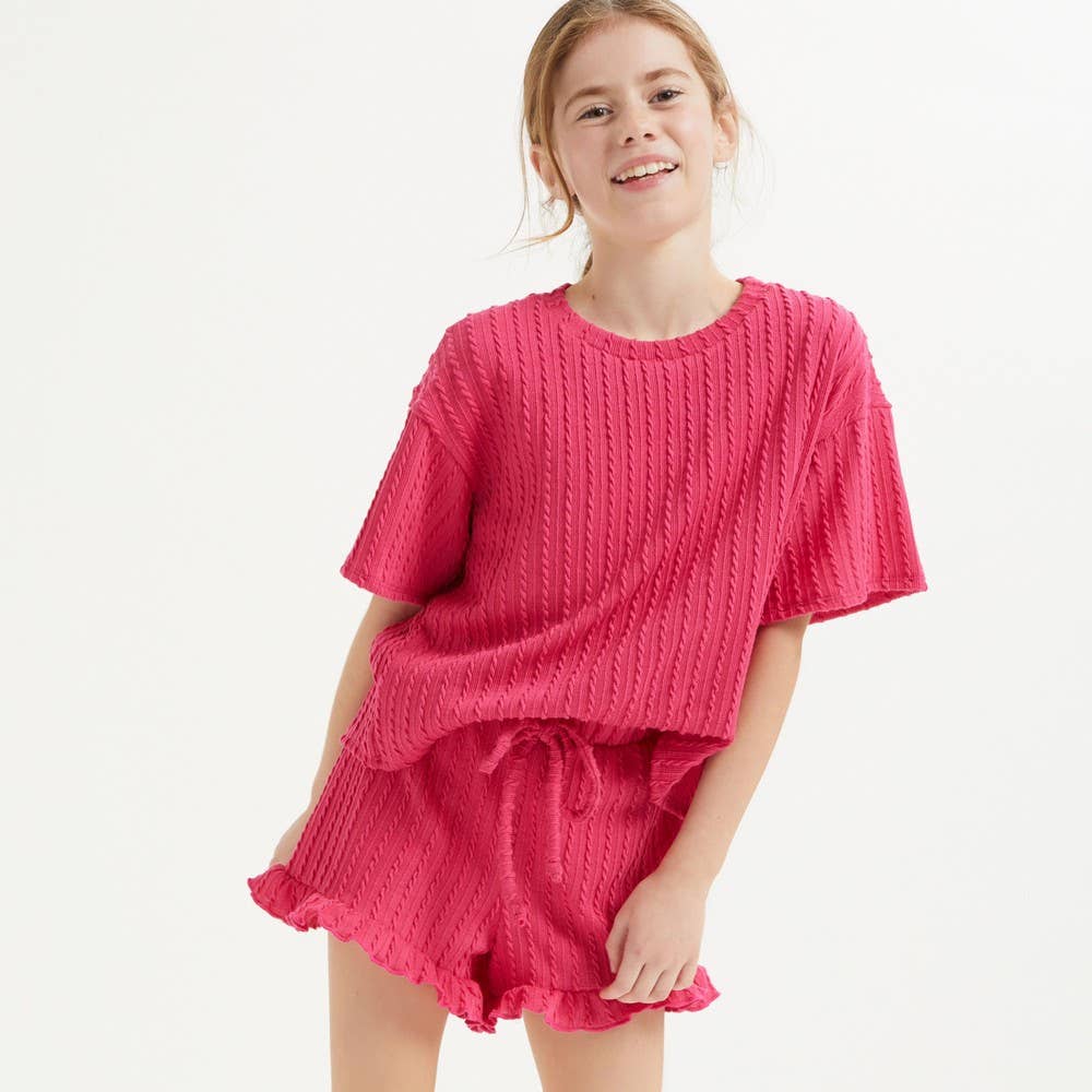 Good Girl - Embossed Ribbed Knit Ruffle Set: Pink / S