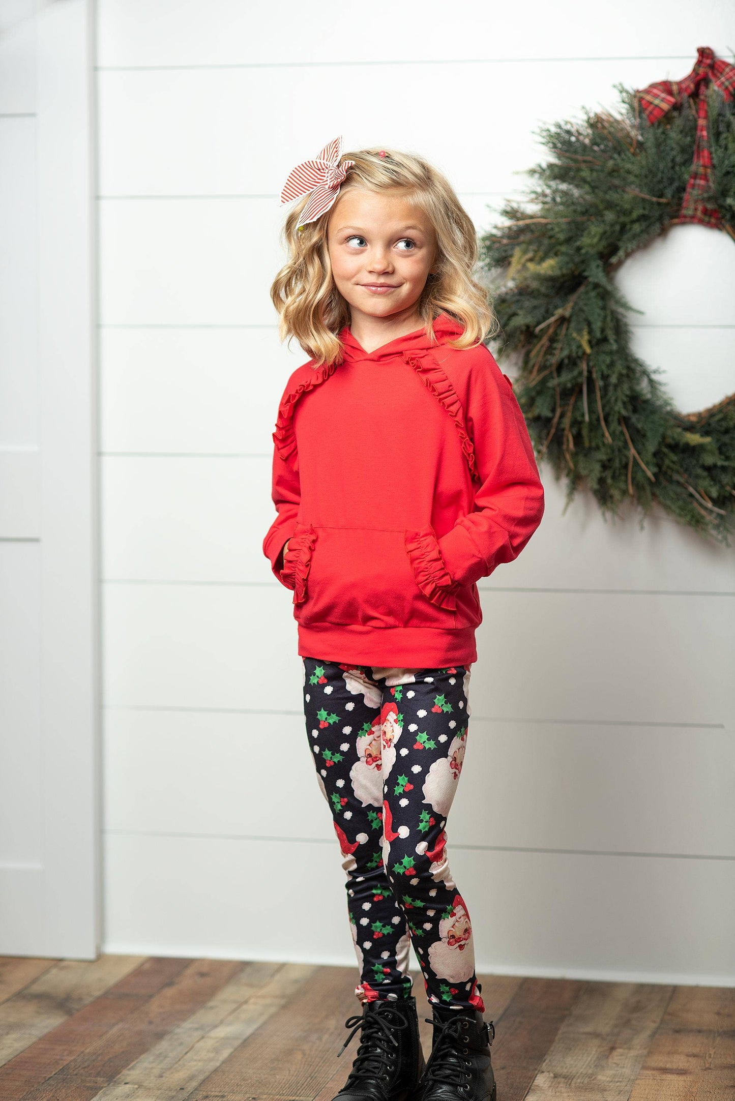 Adorable Sweetness - Kids Santa Pocket Ruffle Hoodie Shirt & Leggings Winter Set: 5/6