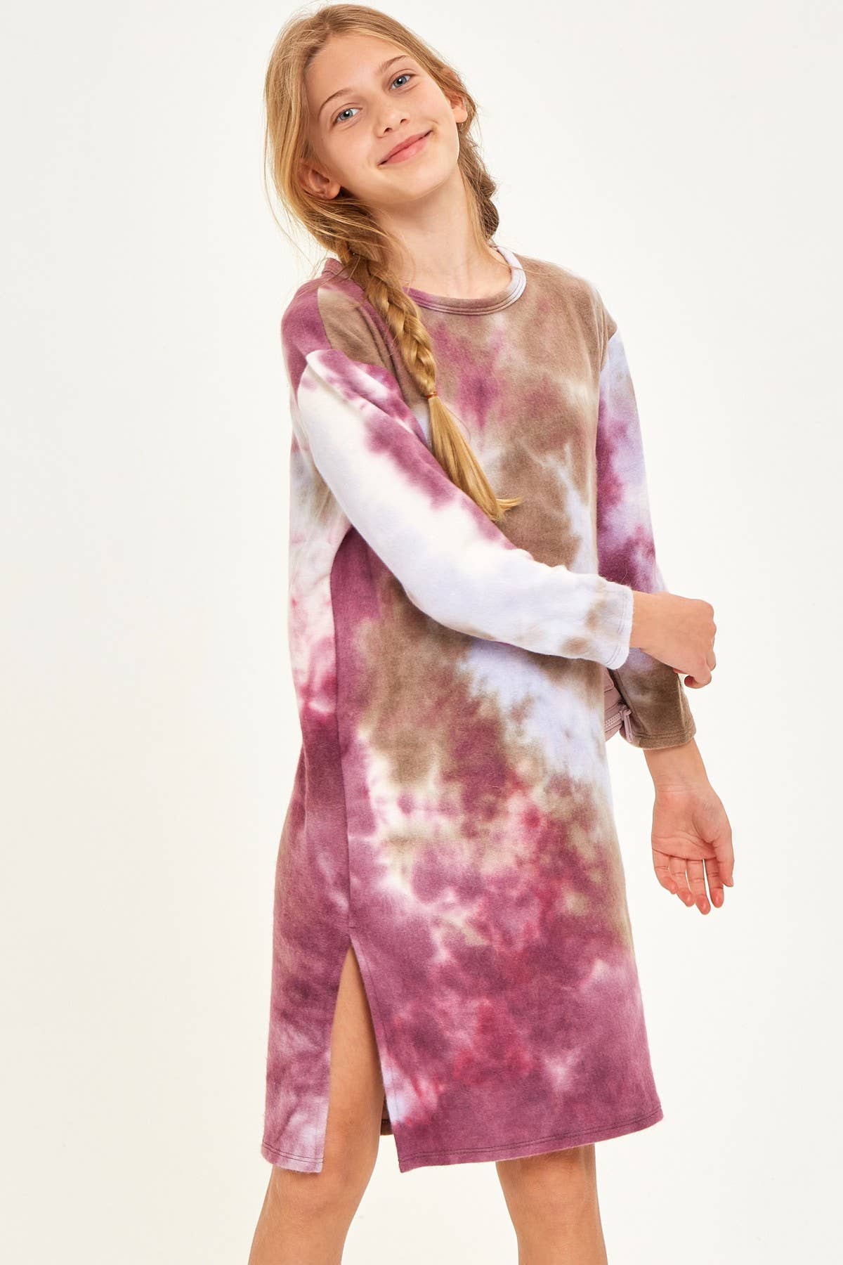 Tie Dye Print Side Slit Brushed Knit Dress