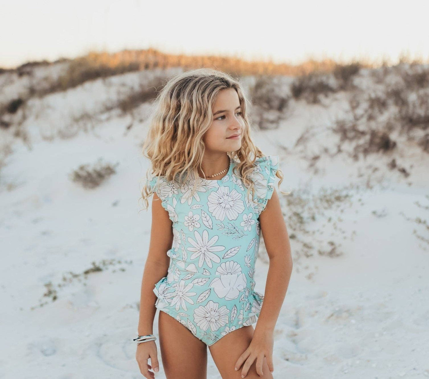 Oopsie Daisy - Kids Mint Floral Open Back One Piece Ruffle Swimsuit