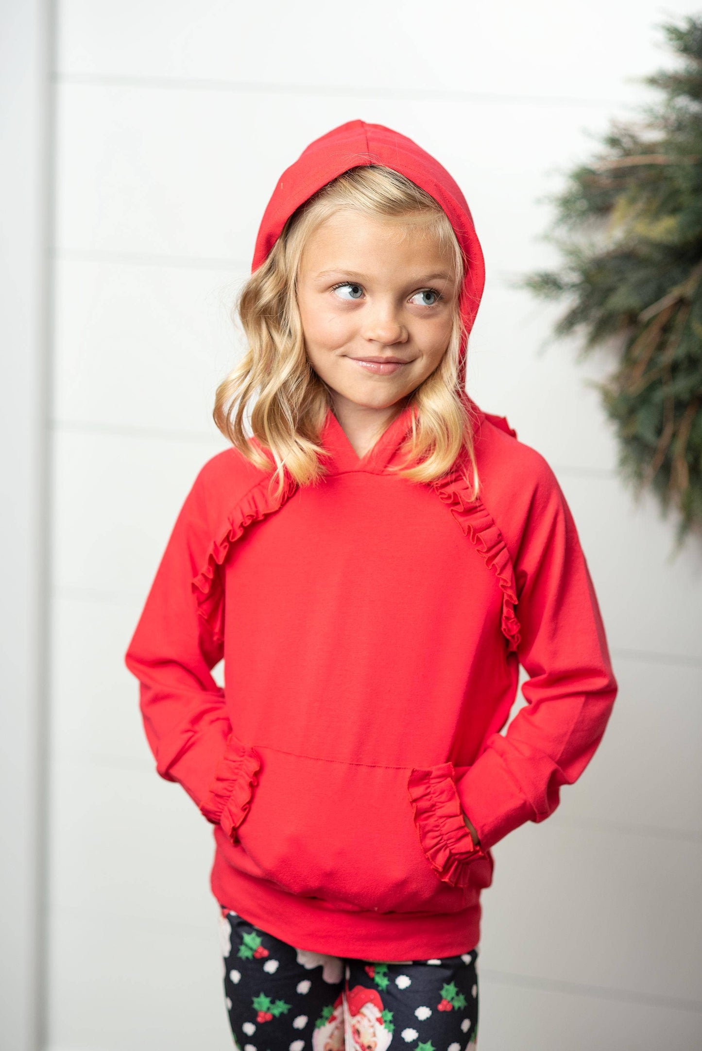 Adorable Sweetness - Kids Santa Pocket Ruffle Hoodie Shirt & Leggings Winter Set: 5/6