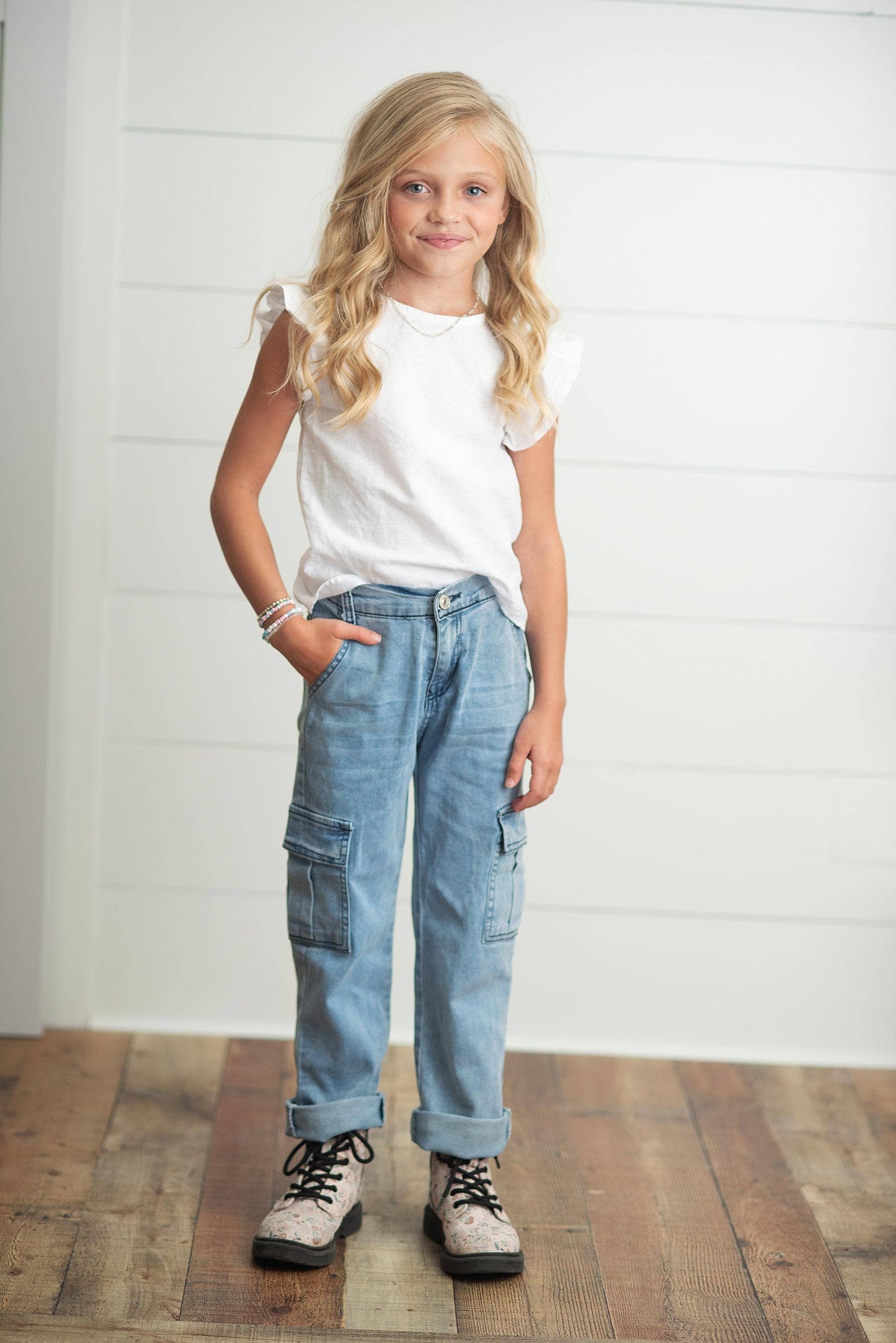 Oopsie Daisy - Kids Light Wash Faded Denim Cargo Pant With Pockets: 10