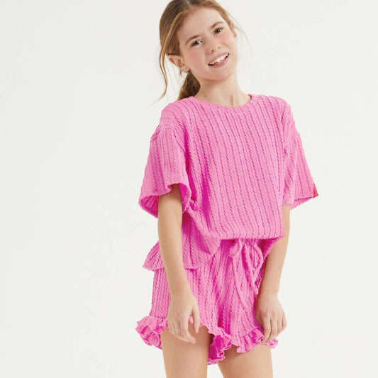 Good Girl - Embossed Ribbed Knit Ruffle Set: Pink / M