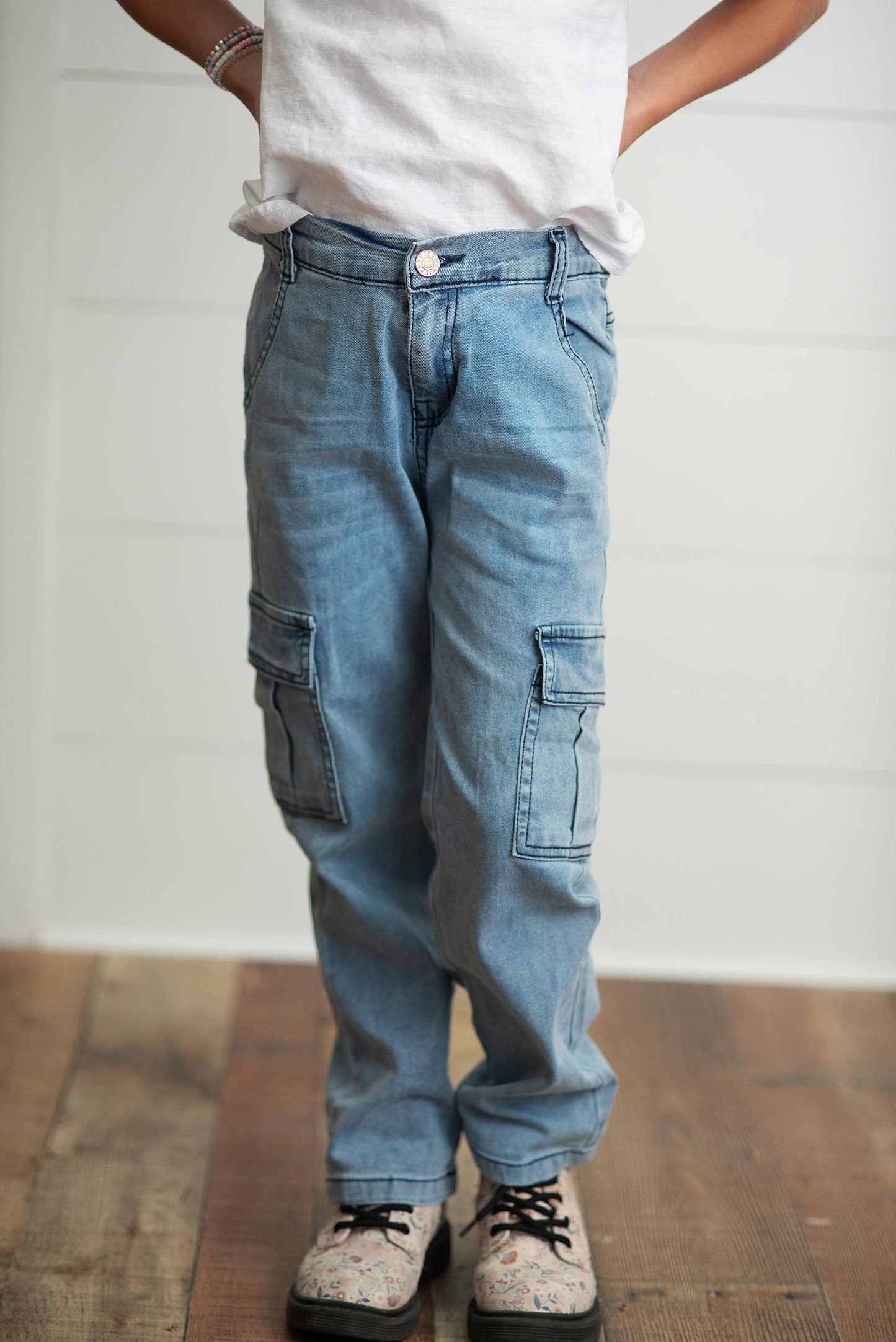 Oopsie Daisy - Kids Light Wash Faded Denim Cargo Pant With Pockets: 10