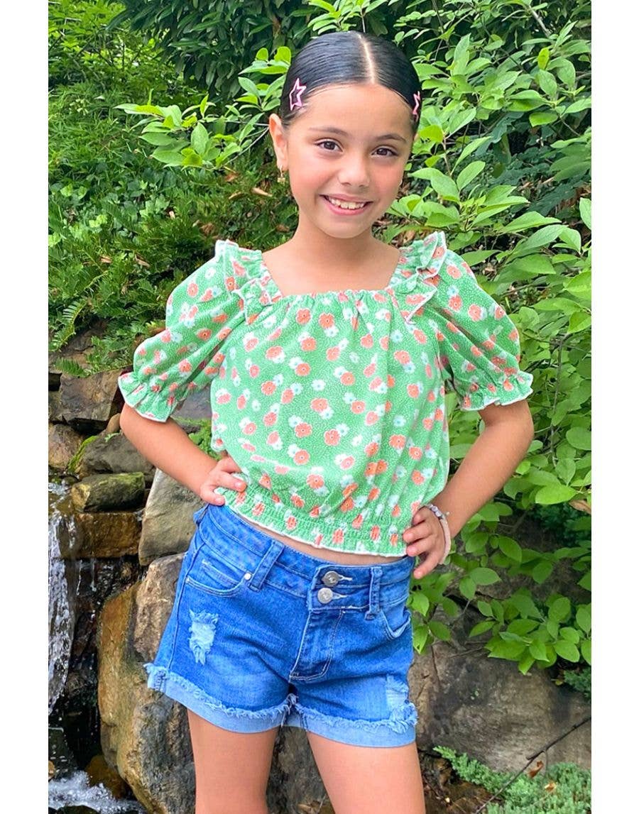 Cutie Patootie Clothing - GKT-3150B Girl's Fashion Top w/ Puff Sleeve : Peach Floral #103 / S6/7