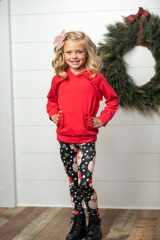 Adorable Sweetness - Kids Santa Pocket Ruffle Hoodie Shirt & Leggings Winter Set: 5/6