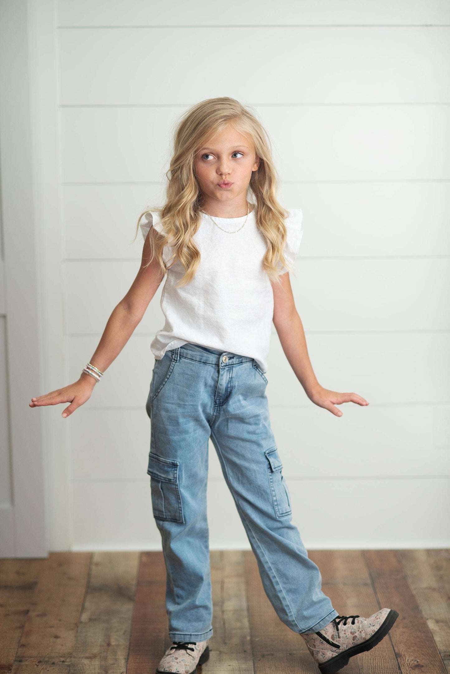 Oopsie Daisy - Kids Light Wash Faded Denim Cargo Pant With Pockets: 10