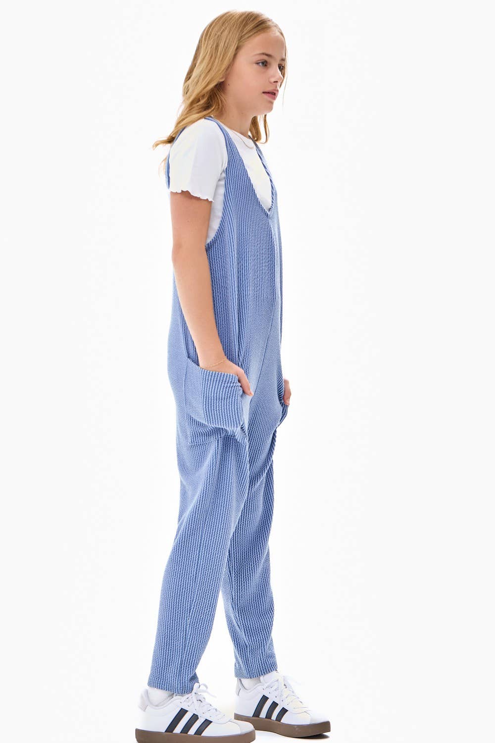 Good Girl - Embossed Rib Sleeveless Jumpsuit /Overall /Onesie: Blue / XL