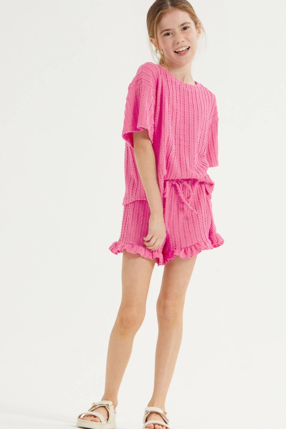 Good Girl - Embossed Ribbed Knit Ruffle Set: Pink / S