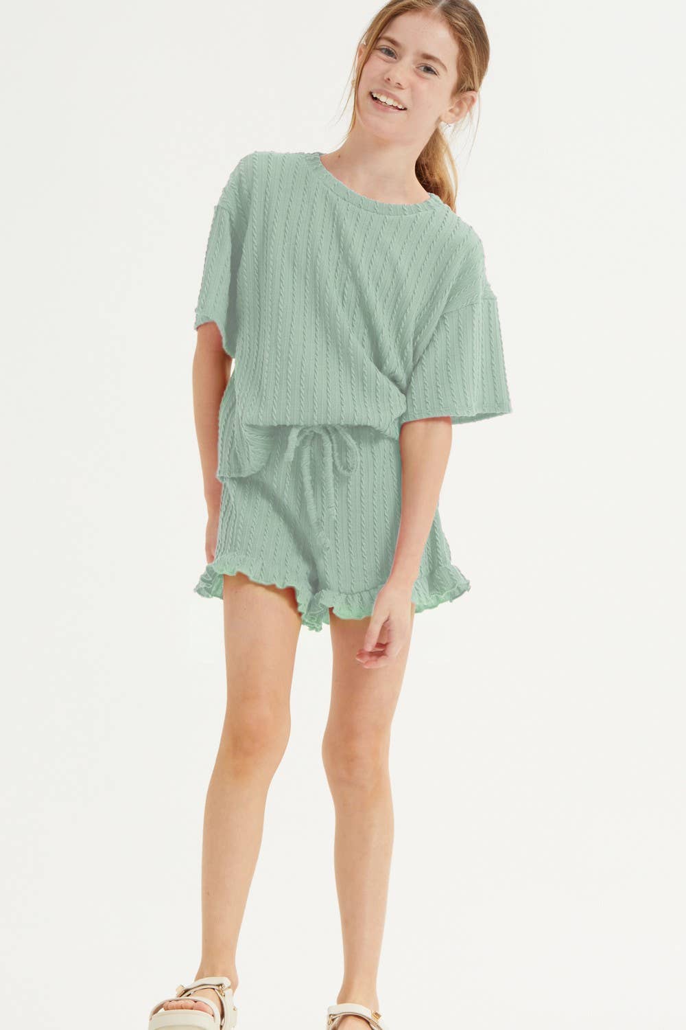 Good Girl - Embossed Ribbed Knit Ruffle Set: Pink / M