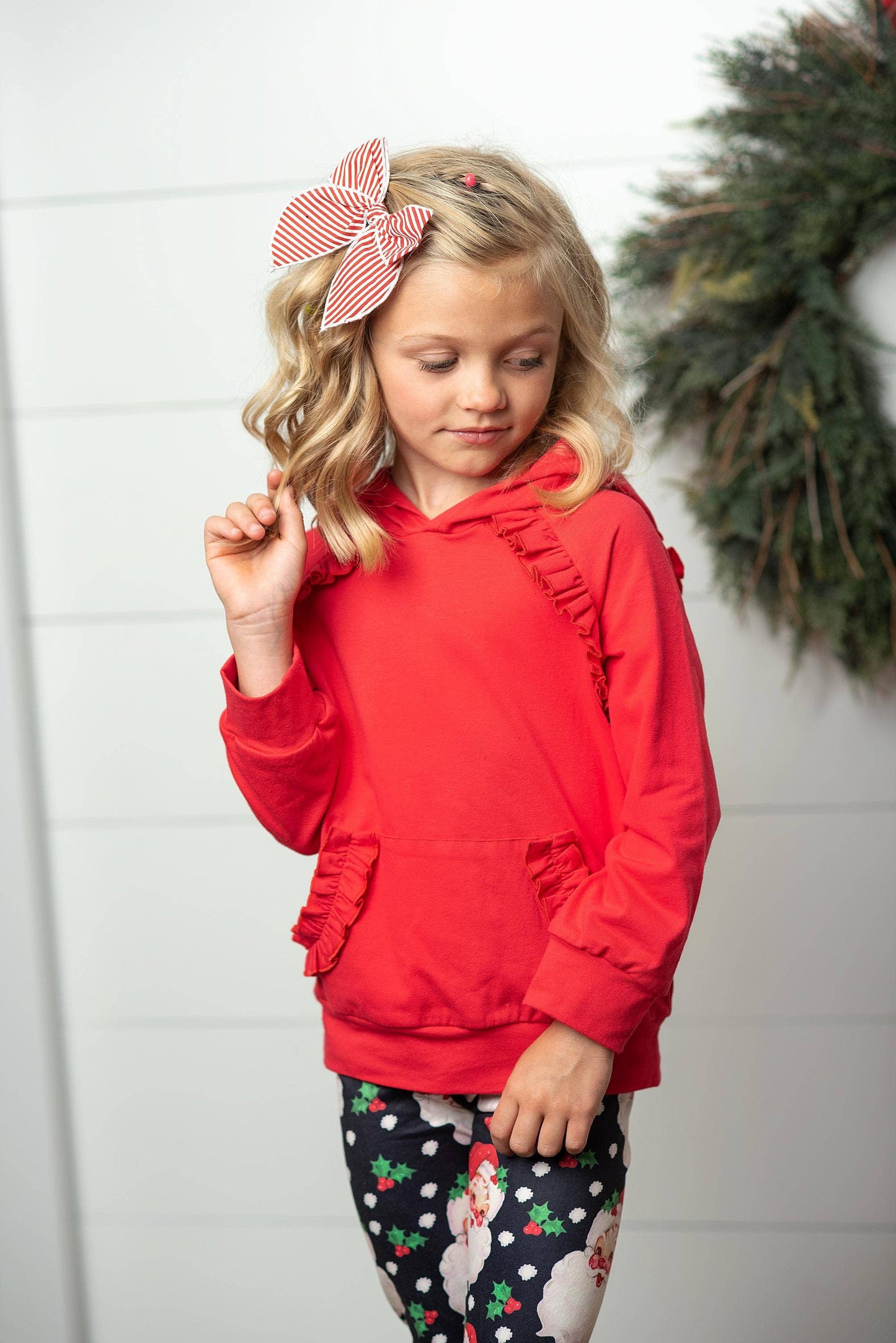 Adorable Sweetness - Kids Santa Pocket Ruffle Hoodie Shirt & Leggings Winter Set: 5/6