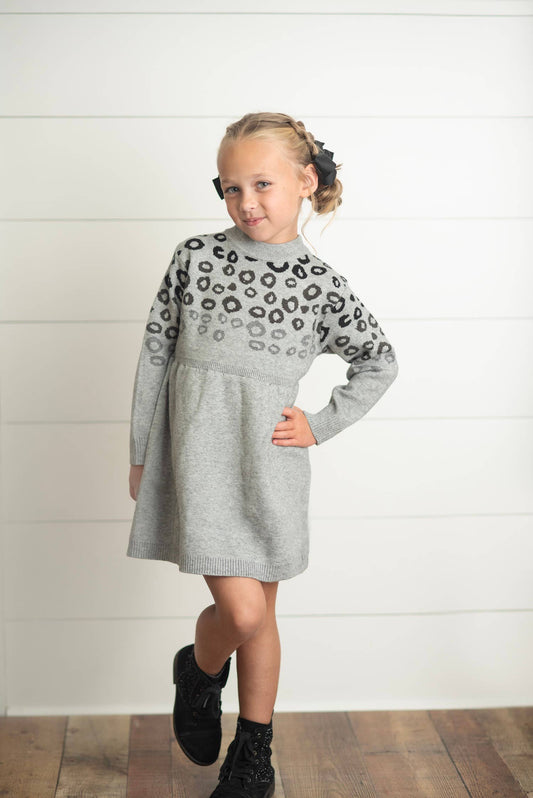 Adorable Sweetness - Kids Gray & Black Leopard Print Long Sleeve Sweater Dress: 10/12