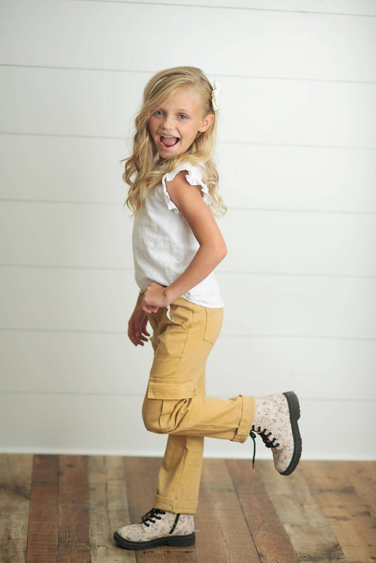 Oopsie Daisy - Kids Mustard Khaki Denim Cargo Jean Pants With Pockets: 10