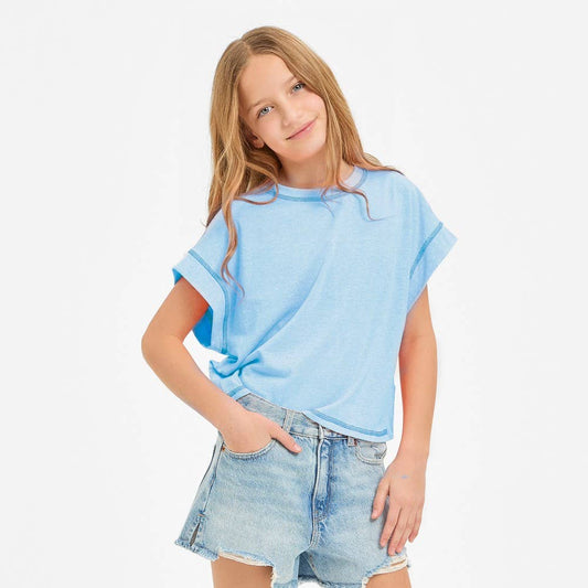 Good Girl - Overlap Open Back Reverse Stitched Top: Aqua#2 / L
