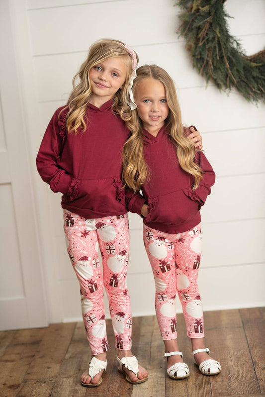 Adorable Sweetness - Kids Pink Santa Pocket Ruffle Hoodie Shirt and Leggings Set: 3/4