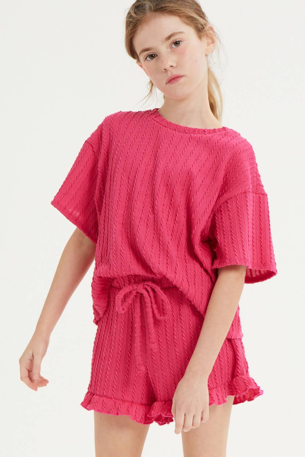 Good Girl - Embossed Ribbed Knit Ruffle Set: Pink / S