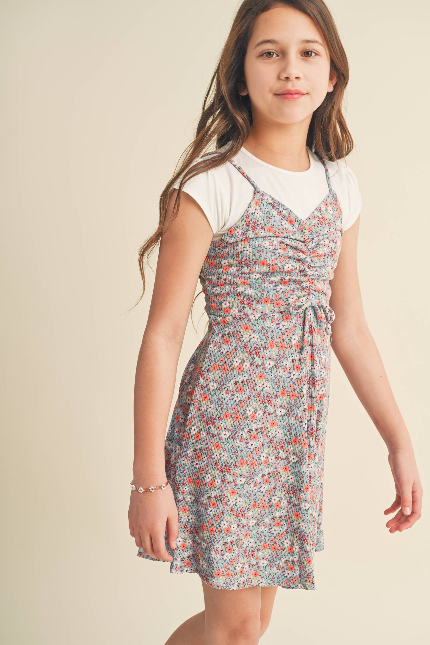 heart and arrow - KIDS FLORAL CINCHED FRONT FAUX 2PC DRESS KD2079GR (7-12): 10