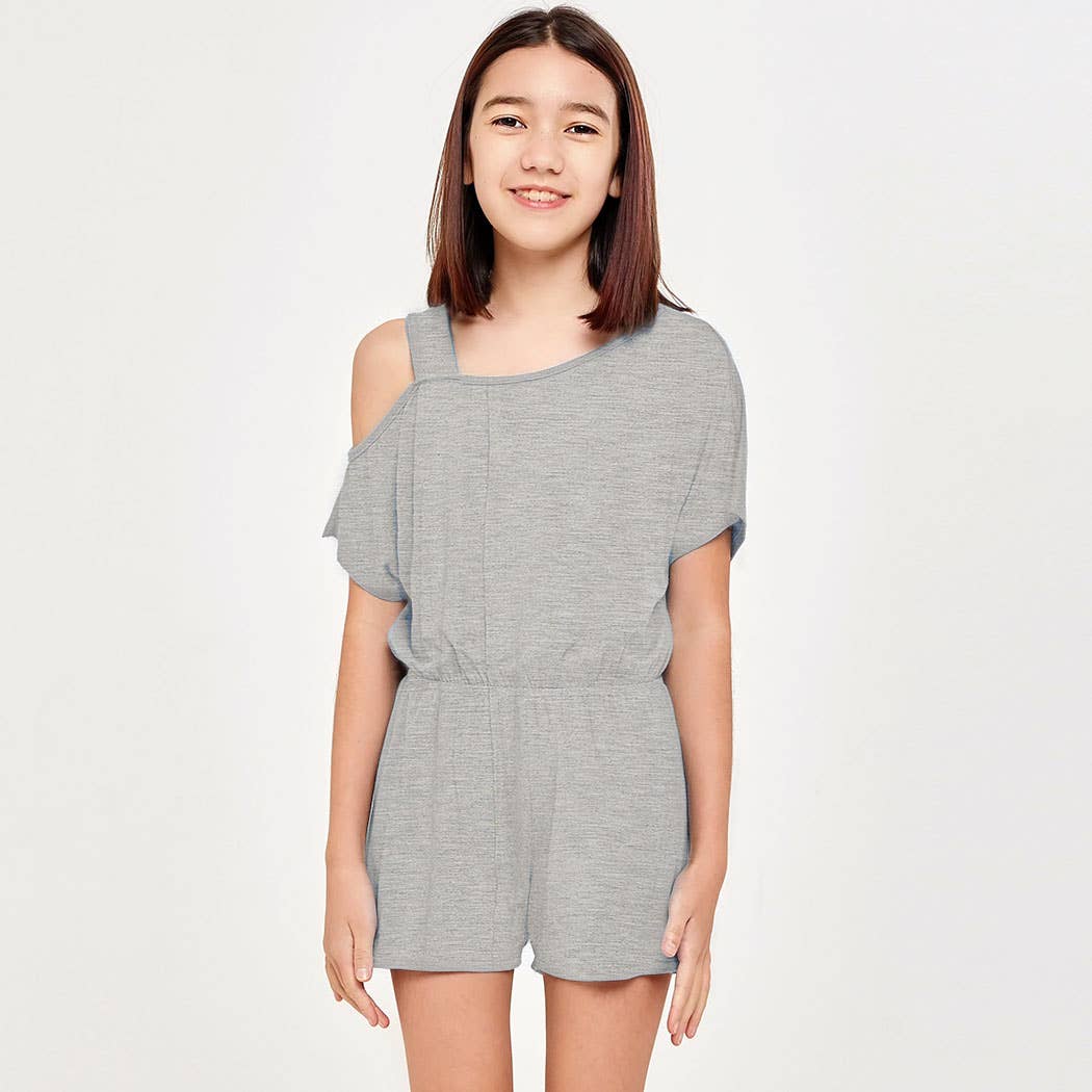 Good Girl - One Shoulder Romper: Heather Grey / M