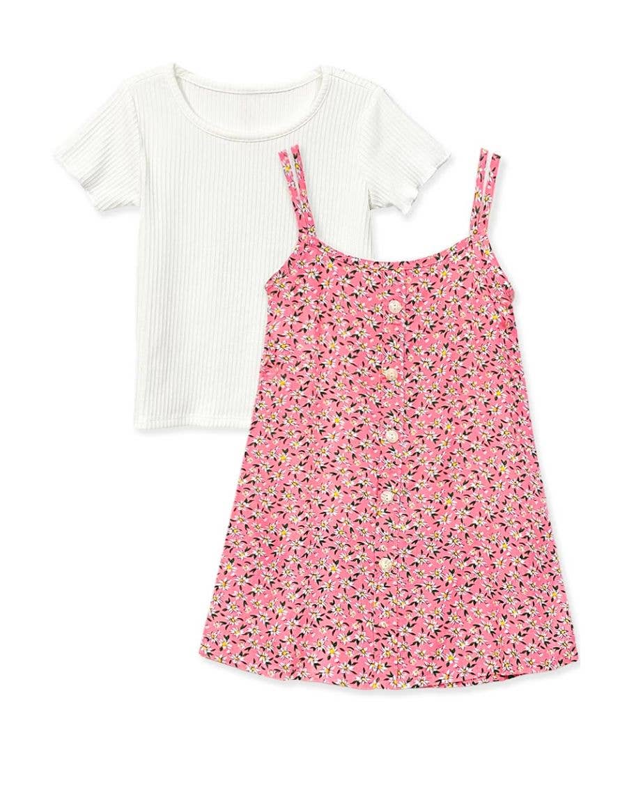 Cutie Patootie Clothing - GKSS-3305B-Q304 Girl's 2 pcs Floral Dress & Ribbed Tee Set: Pink Mix Floral / S6/7
