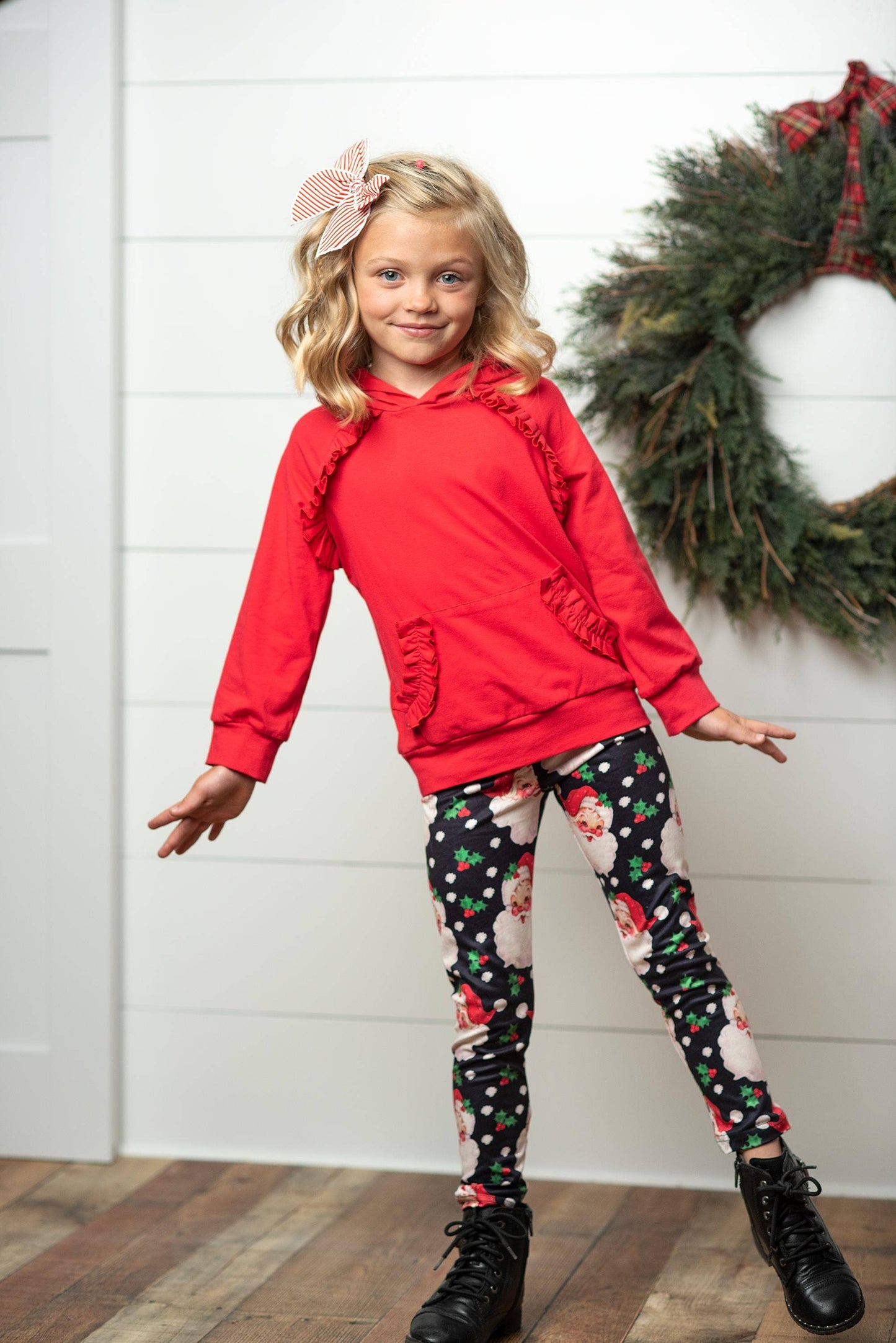 Adorable Sweetness - Kids Santa Pocket Ruffle Hoodie Shirt & Leggings Winter Set: 5/6