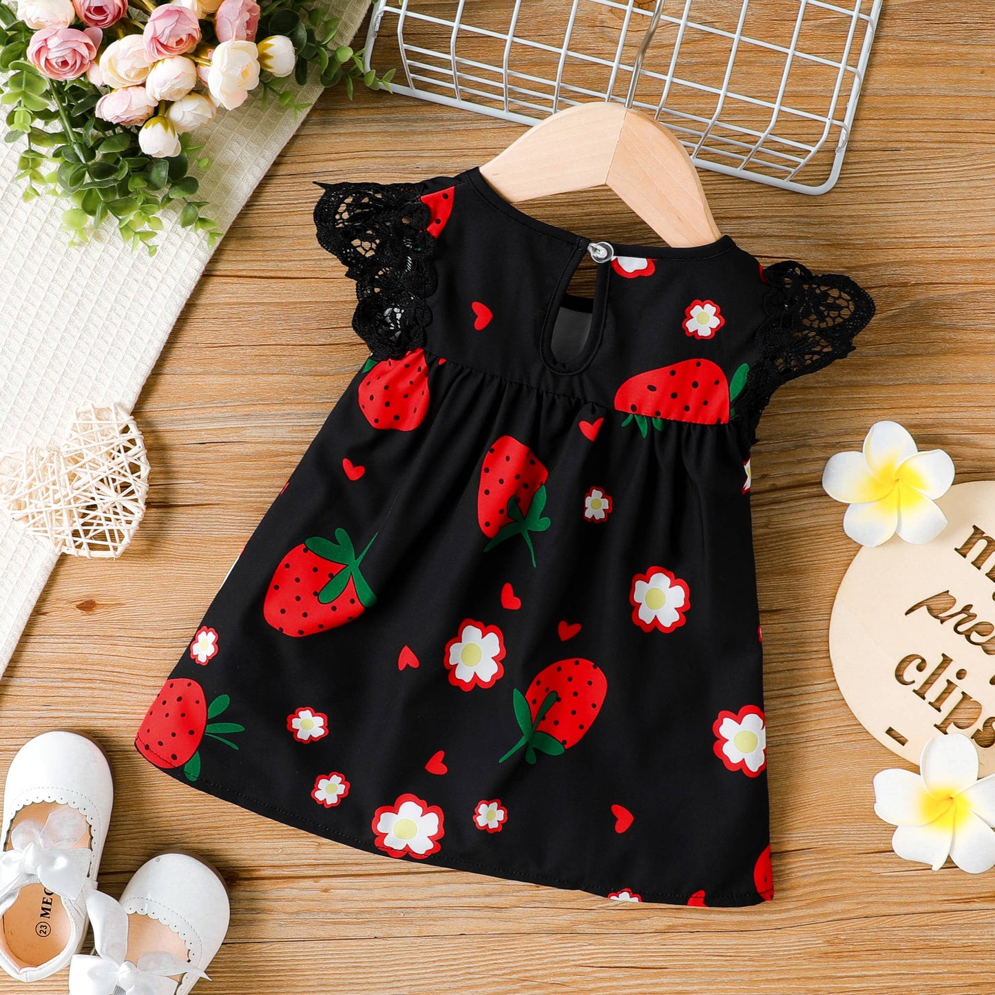 PatPat - Sweet Strawberry Lace Dress for Baby Girls: Pink / 3-6 Months