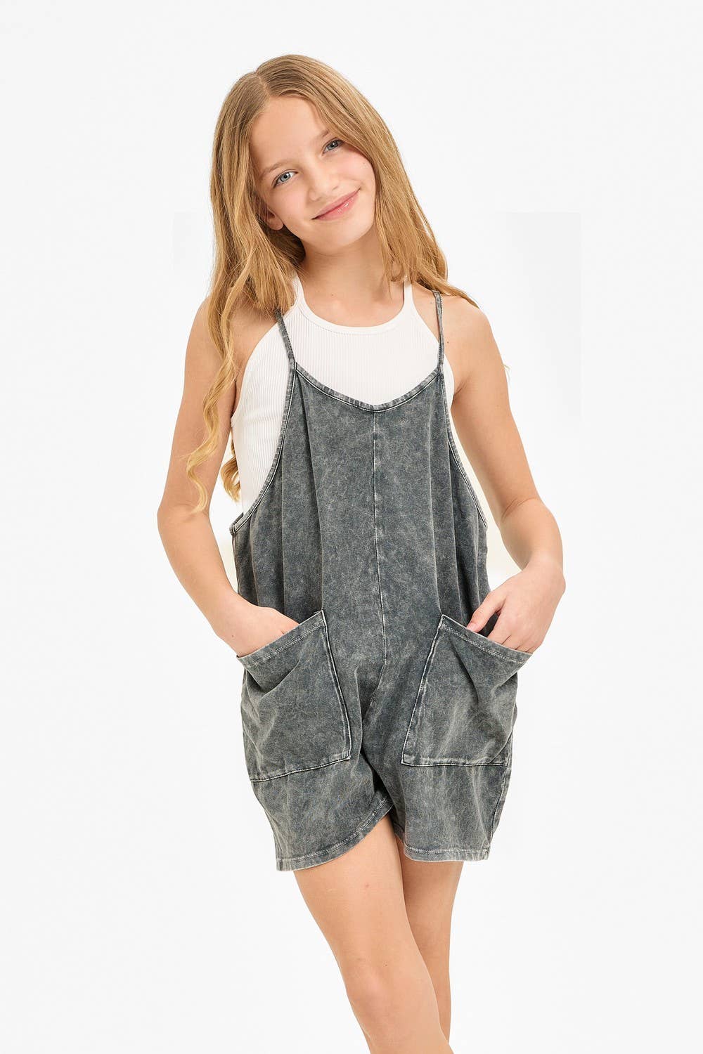 Good Girl - Two Pocket Mineral Wash Overall Romper / Onesie: Denim Blue / M