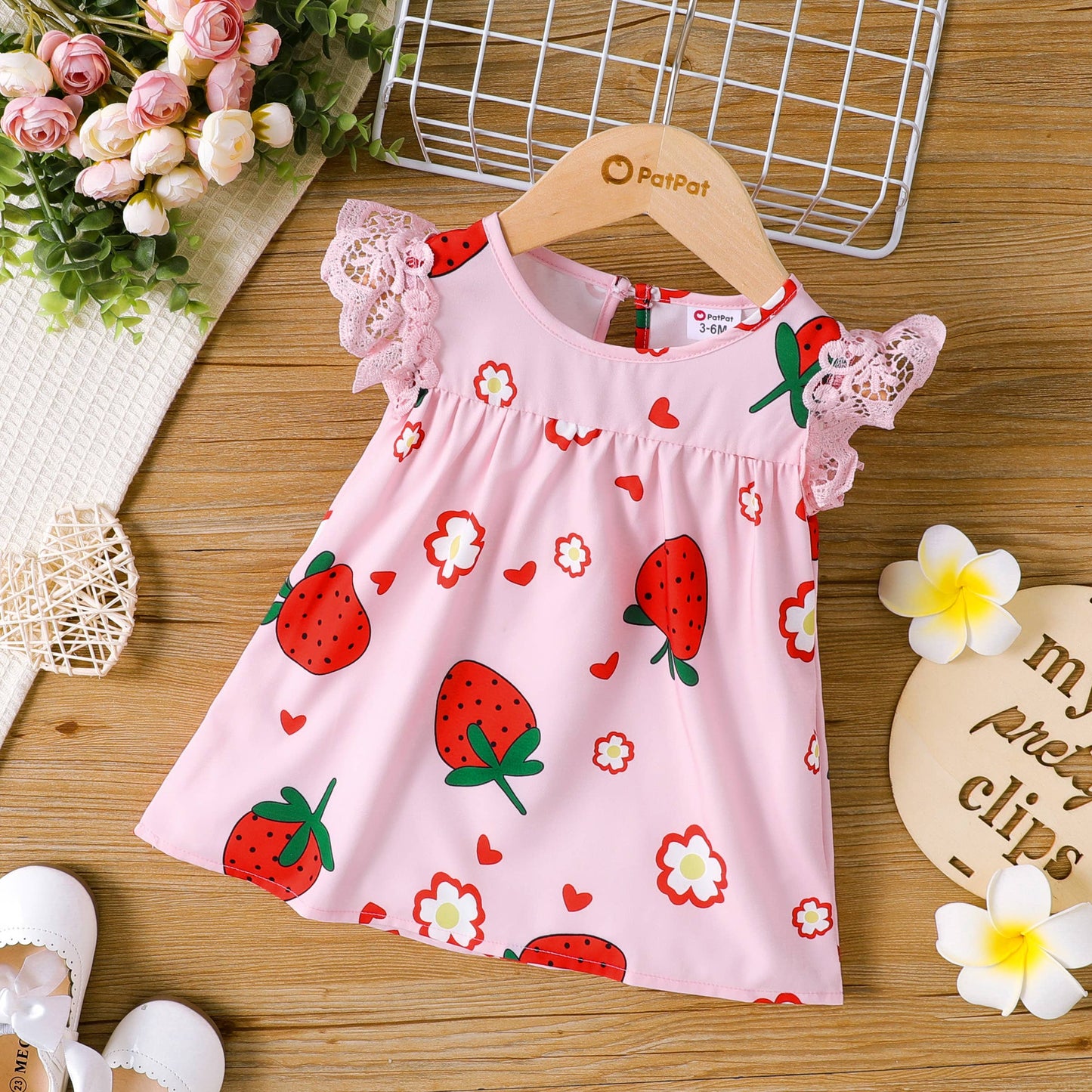 PatPat - Sweet Strawberry Lace Dress for Baby Girls: Pink / 3-6 Months