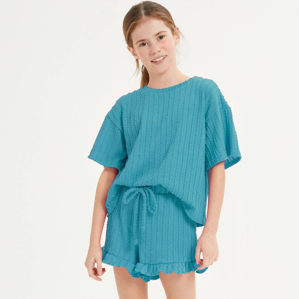 Good Girl - Embossed Ribbed Knit Ruffle Set: Pink / S